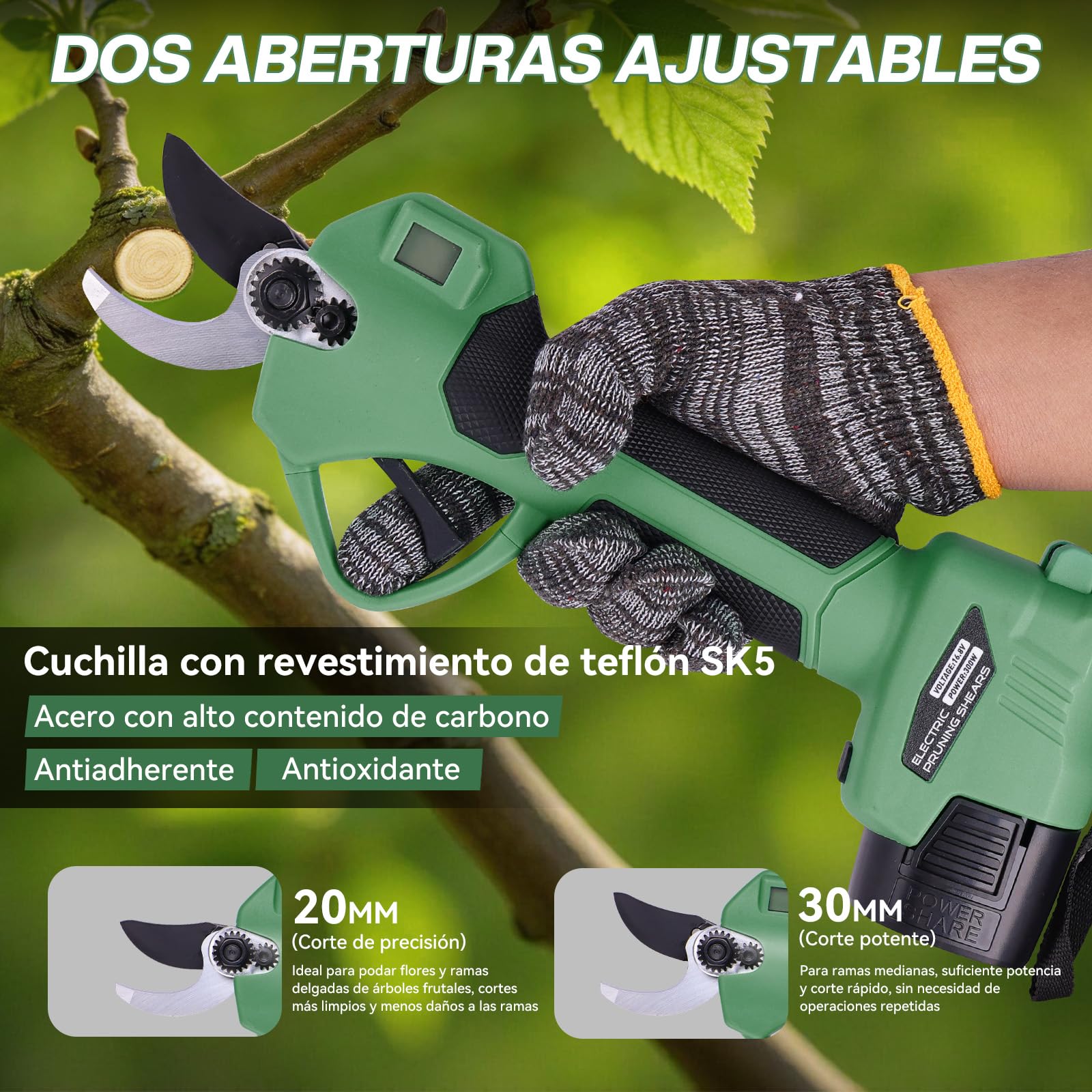 Tijeras de Podar Eléctricas 35mm Profesionales Tijeras de Podar con Baterías 21V 2x 2000Amh Ultraligera SK5 LCD Motor para Viñedos, Olivos, Árboles Frutales Verde