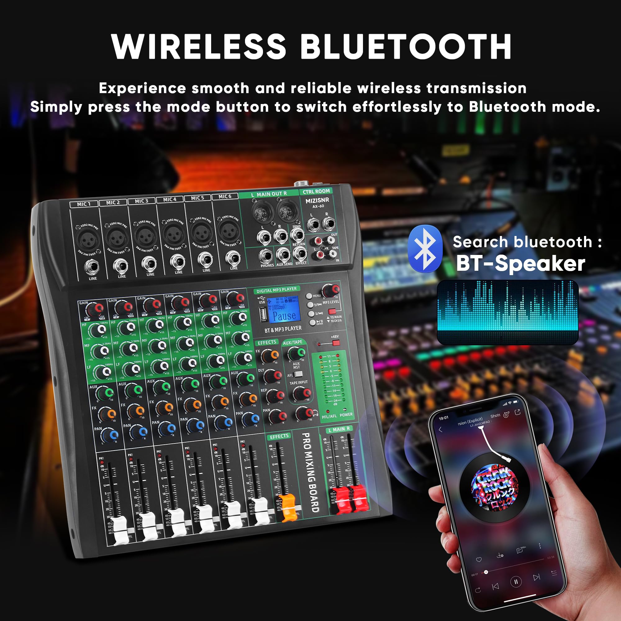 MIZISNR 6 Channel Audio Mixer, Professional DJ Mixer Board Sound Music Mixing Console Digital Mixer with Reverb, Bluetooth, USB Port, 48V Phantom Power for Recording Karaoke Podcasting