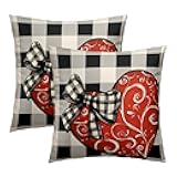Valentine's Day Throw Pillow Covers 2Pcs 16x16inch Romantic Red Love Heart Holiday Pillowcase Black Buffalo Plaid Anniversary Cotton Square Cushion Cases Valentine Themed Gifts for Home Couch Bed