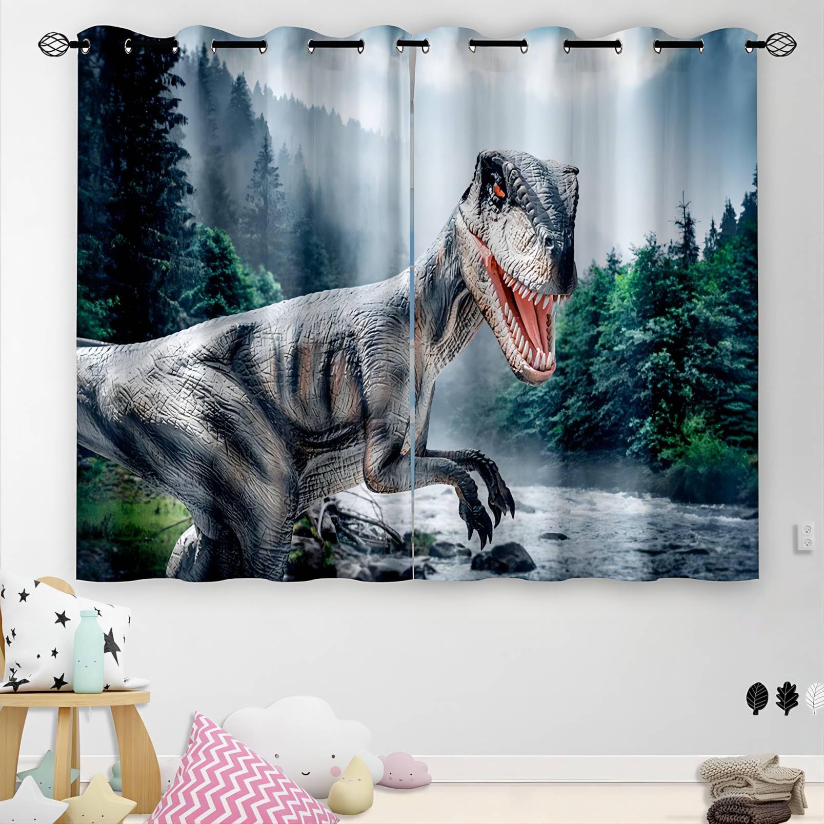 Dinosaur Blackout Curtains for Kids Room, Dino Room Darkening Window