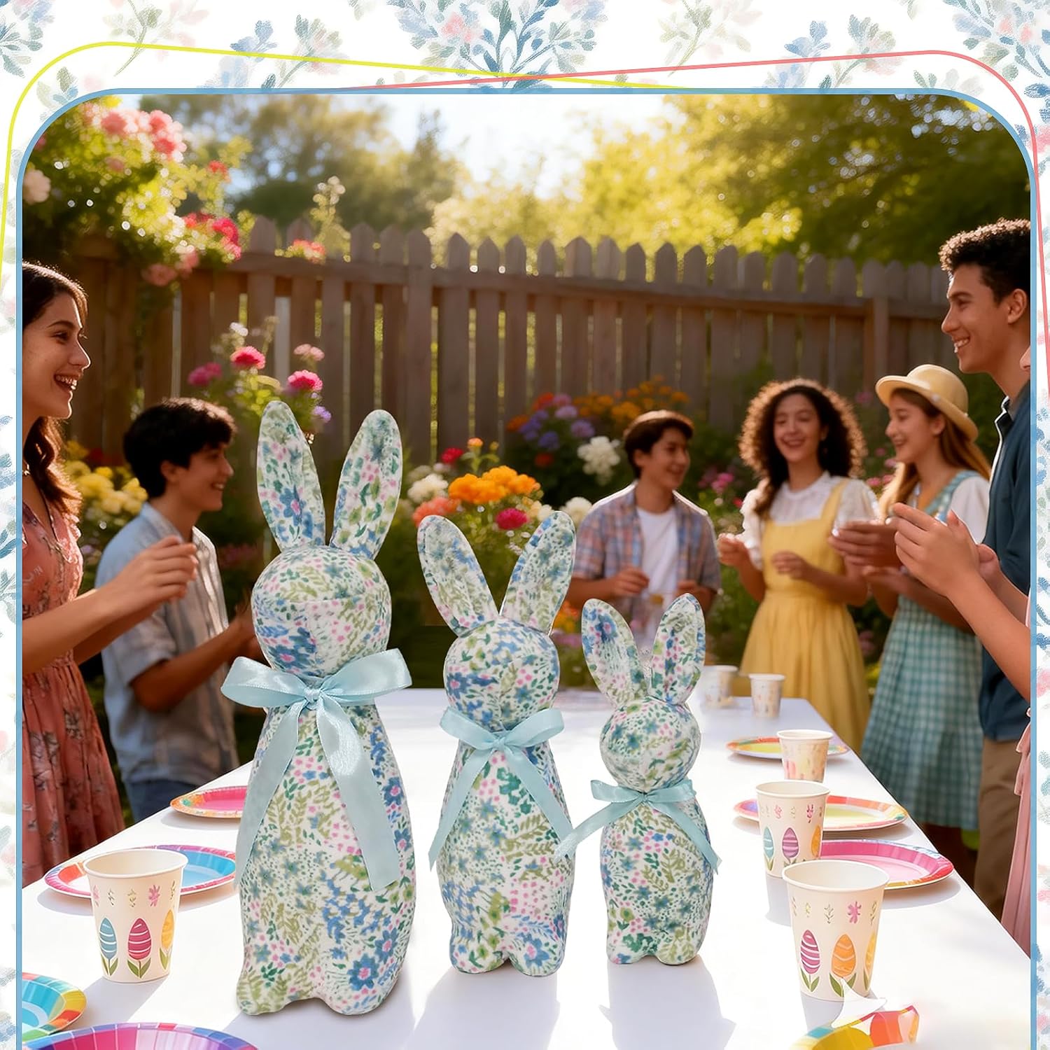 Easter Bunny Decorations Set of 3 - (12", 10", 9") Flocked Bunnies with Flower & Grass Patterns for Spring Table Centerpieces, Indoor Outdoor Garden Decor, Easter Home Accents & Party Supplies