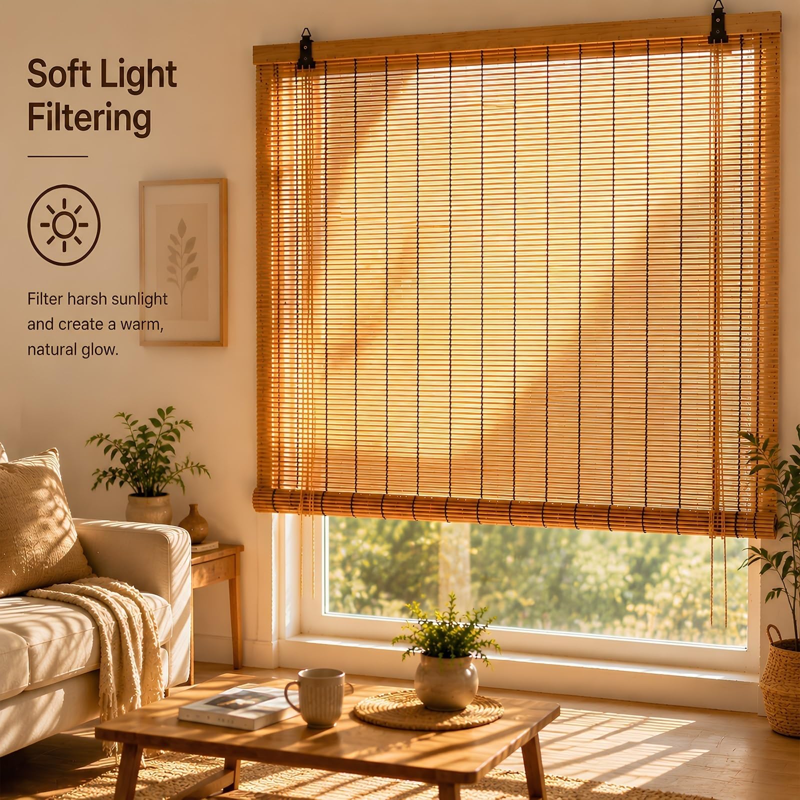 Bambusrollo Innen & Außen, Wetterfestes Aufrollrollo mit Sichtschutz und Lichtfilterung für Outdoor Terrasse, Pergola, Balkon, Pavillon und Garten(180Bx230Hcm)