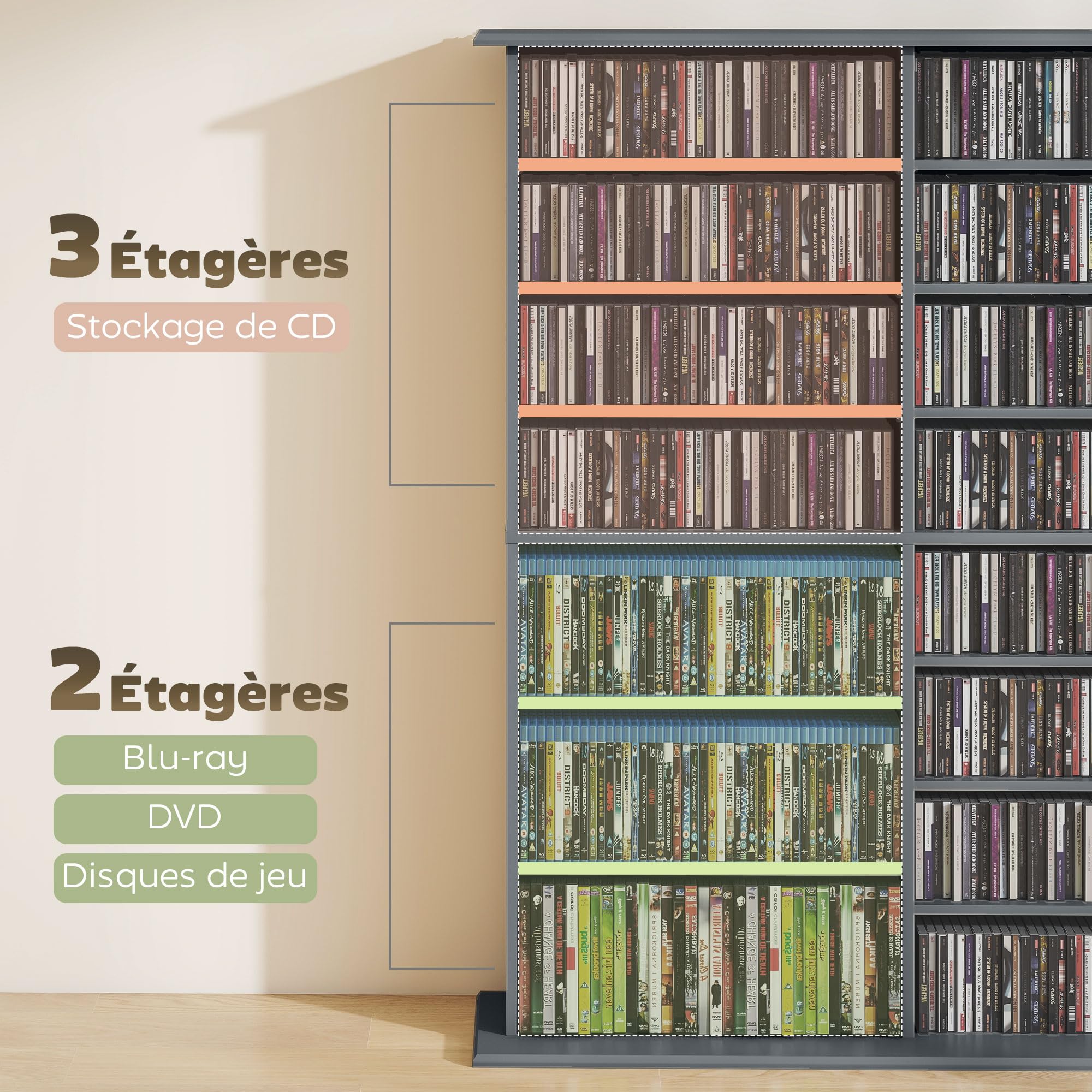 HOMCOM Portaoggetti per CD e DVD, con capacità max. 720 CD/396 DVD e Blu-Ray, 16 scomparti e 12 ripiani regolabili, per soggiorno, camera da letto, 106,5 x 24 x 126,3 cm, grigio