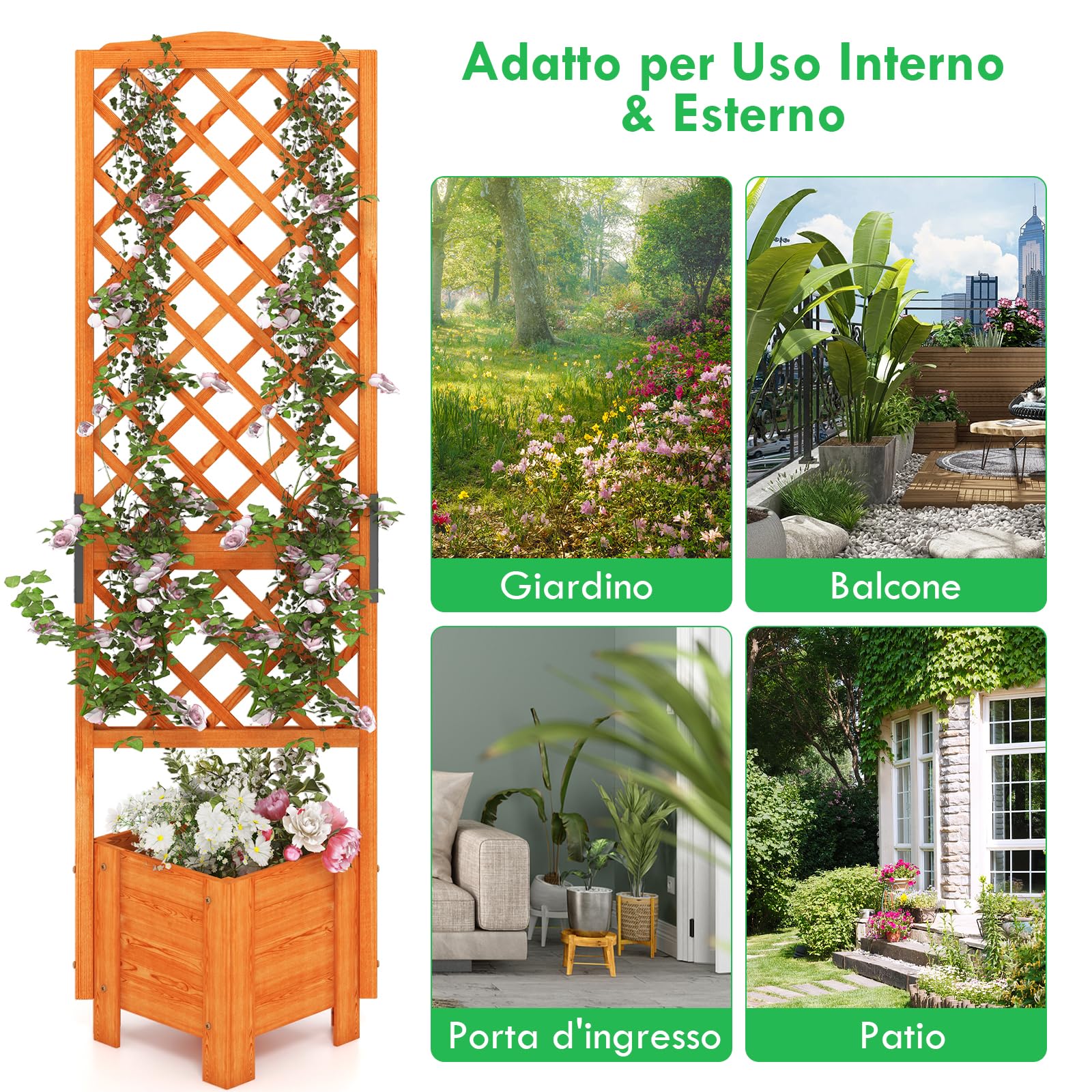 RELAX4LIFE Fioriera da Esterno in Legno, Aiuola Rettangolare con Grigliato e Drenaggio, Porta Piante di Fiori e Rampicanti per Giardino/Balcone/Cortile (Modello 2)