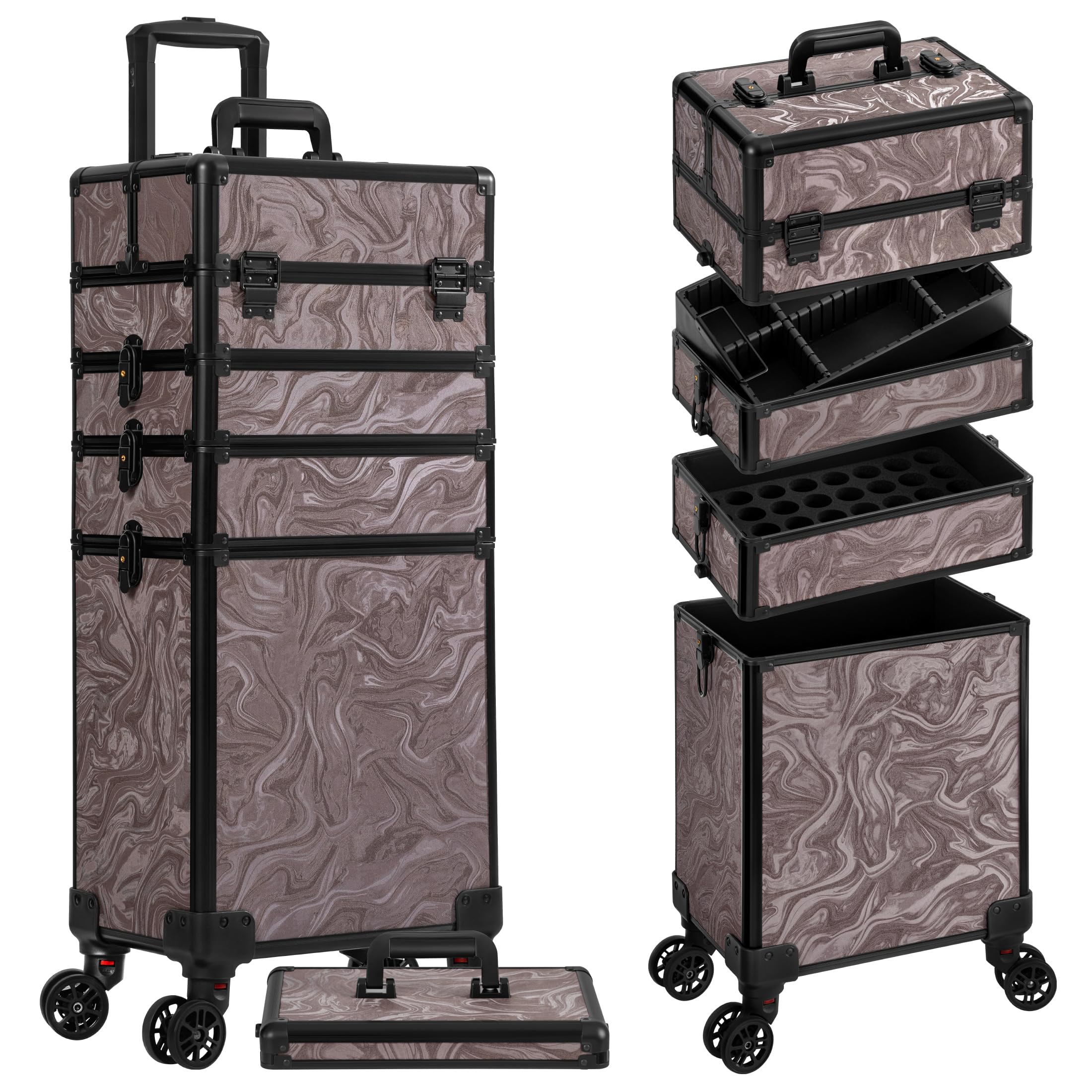 Arous - Valigetta porta trucchi con rotelle, trolley per trucco 5 in 1, organizer per cosmetici, baule per salone di barbieri con lucchetto, portaoggetti con ruote per donne, stilista di capelli