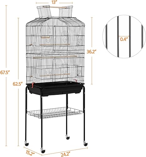 Miniatura 13 de Yaheetech Jaula para pájaros pequeña mediana con tapa abierta de 64 pulgadas con soporte rodante desmontable para loros, agapornis, pinzones, Negro