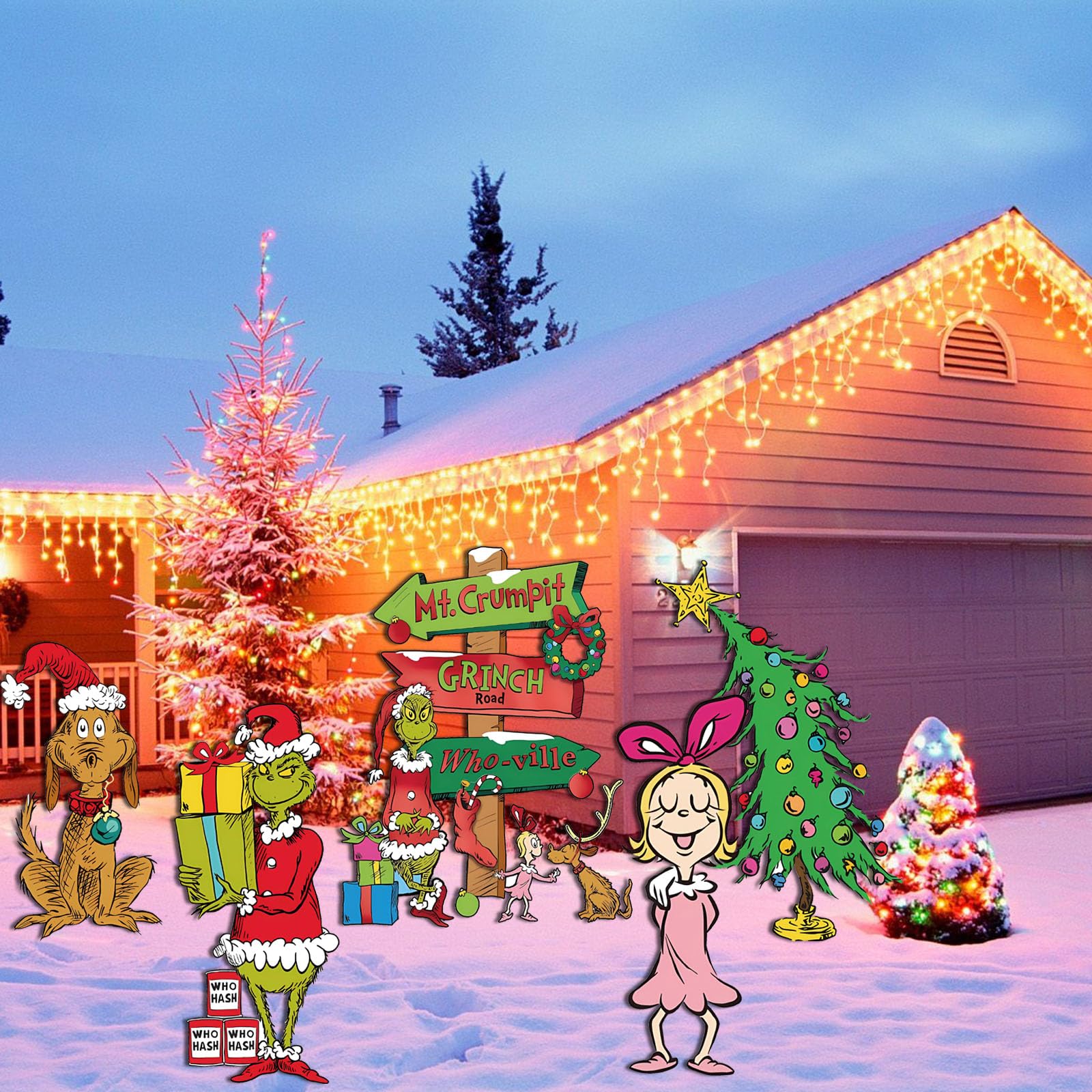Christmas Grinch Party Supplies, 5 Pcs Yard Signs with Stakes, Christmas Grinch Party Outdoor Lawn Party Decor, Yard Signs for Christmas Holidays Party