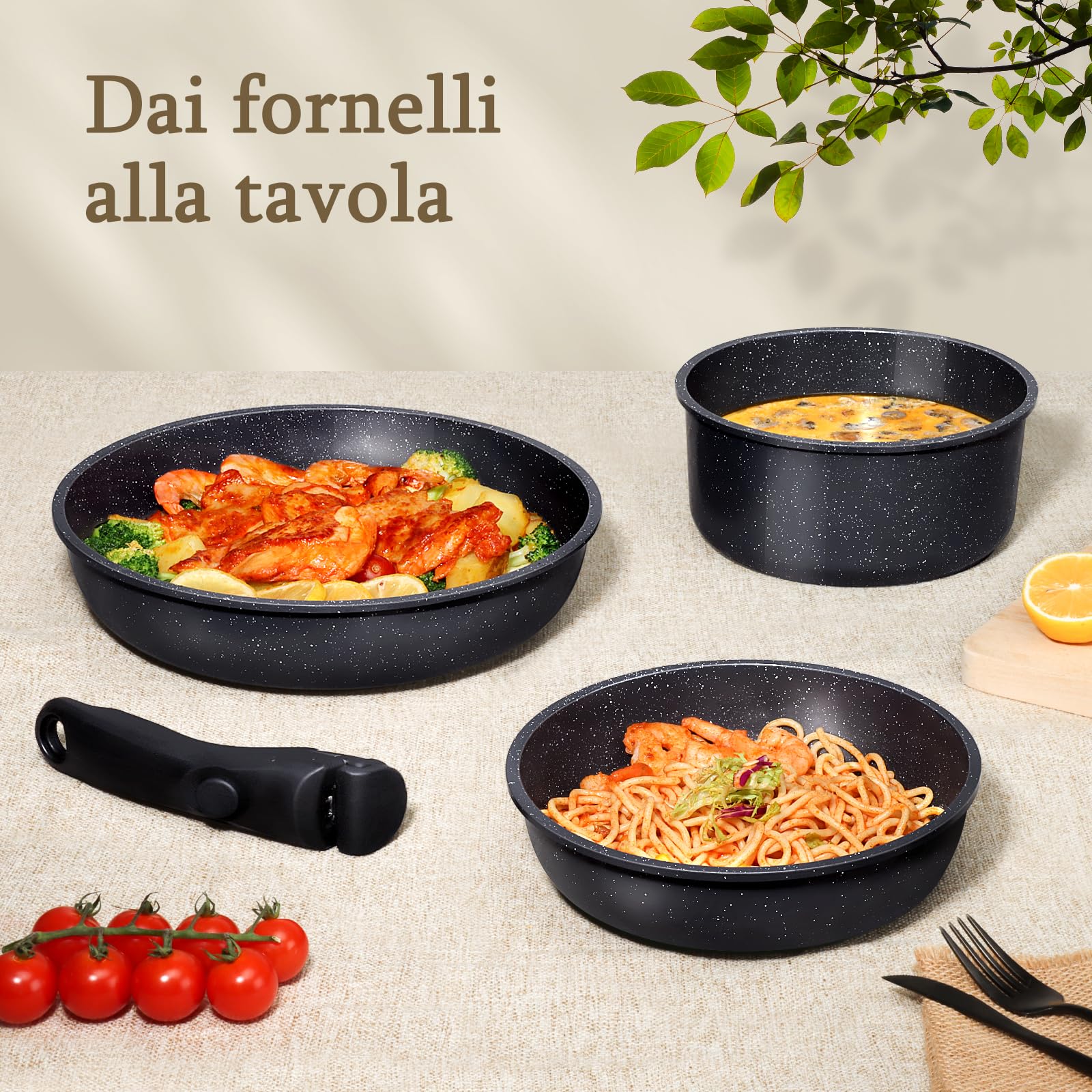 Set Di Padelle Antiaderenti GiPP Da 15 Pezzi per Camper, Nero | Manico Staccabile, Compatibili Con L'Induzione, Padelle Per Friggere E Salse In Vetro, Adatto ai Fornelli a Induzione