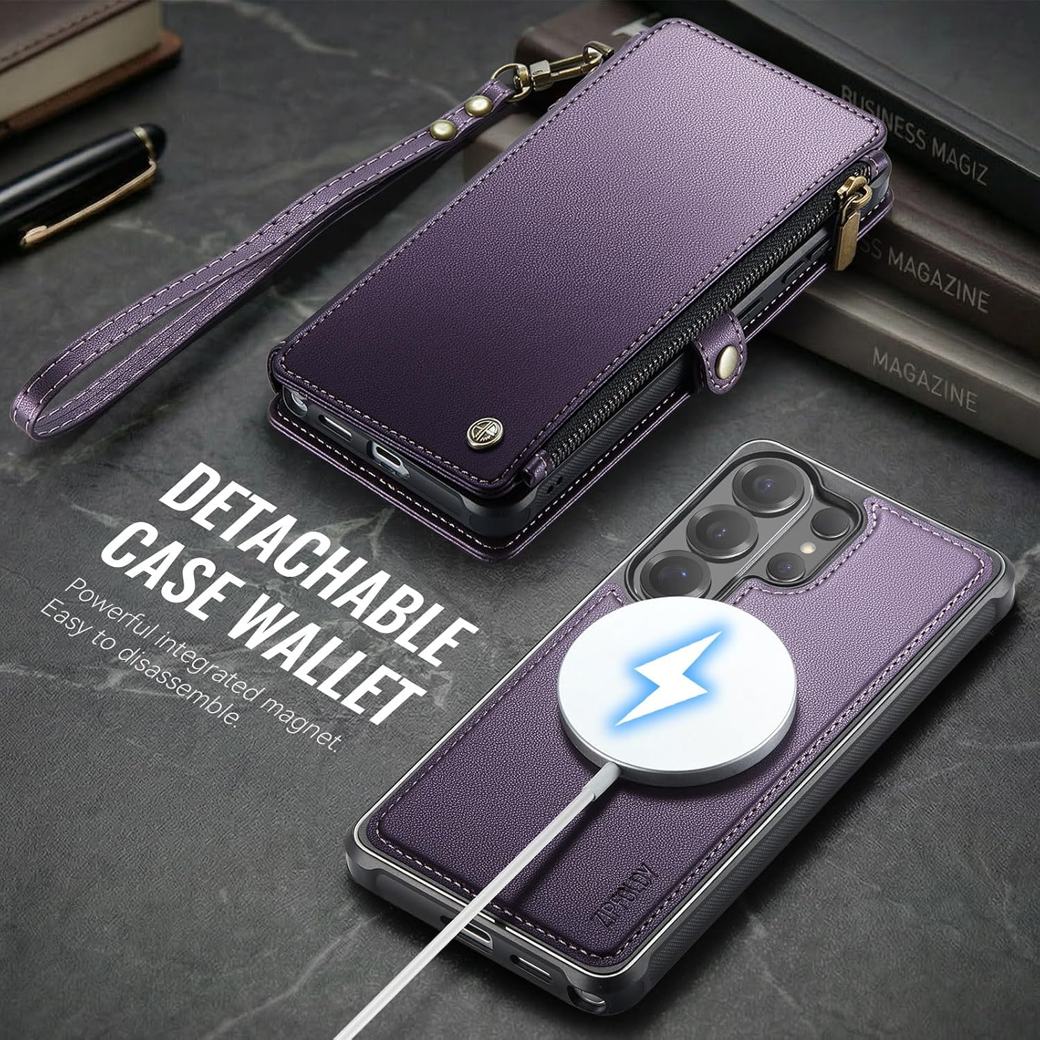 for Samsung Galaxy S26 Ultra Wallet Case Magnetic [Compatible with Magsafe] [RFID Blocking Card Holder] [Zipper] Detachable Drop-proof Protective Phone Cases for Galaxy S26 Ultra 6.9", Purple