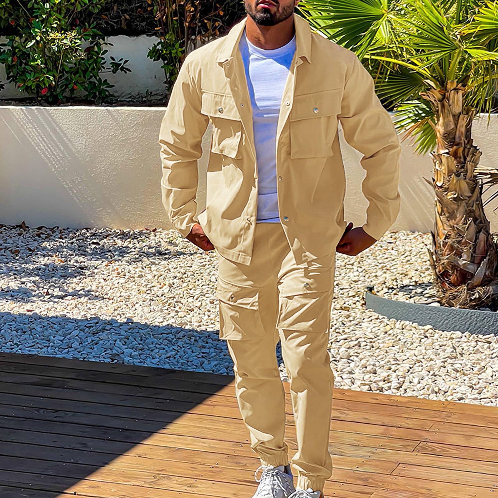 Uomo Set di Tuta Giacca con Bottoni e Pantaloni Cargo Jogging | Uomo Set di Tuta Casual Manica Lunga Top E Pantaloni Allungabili Daffaires Tuta Sportiva
