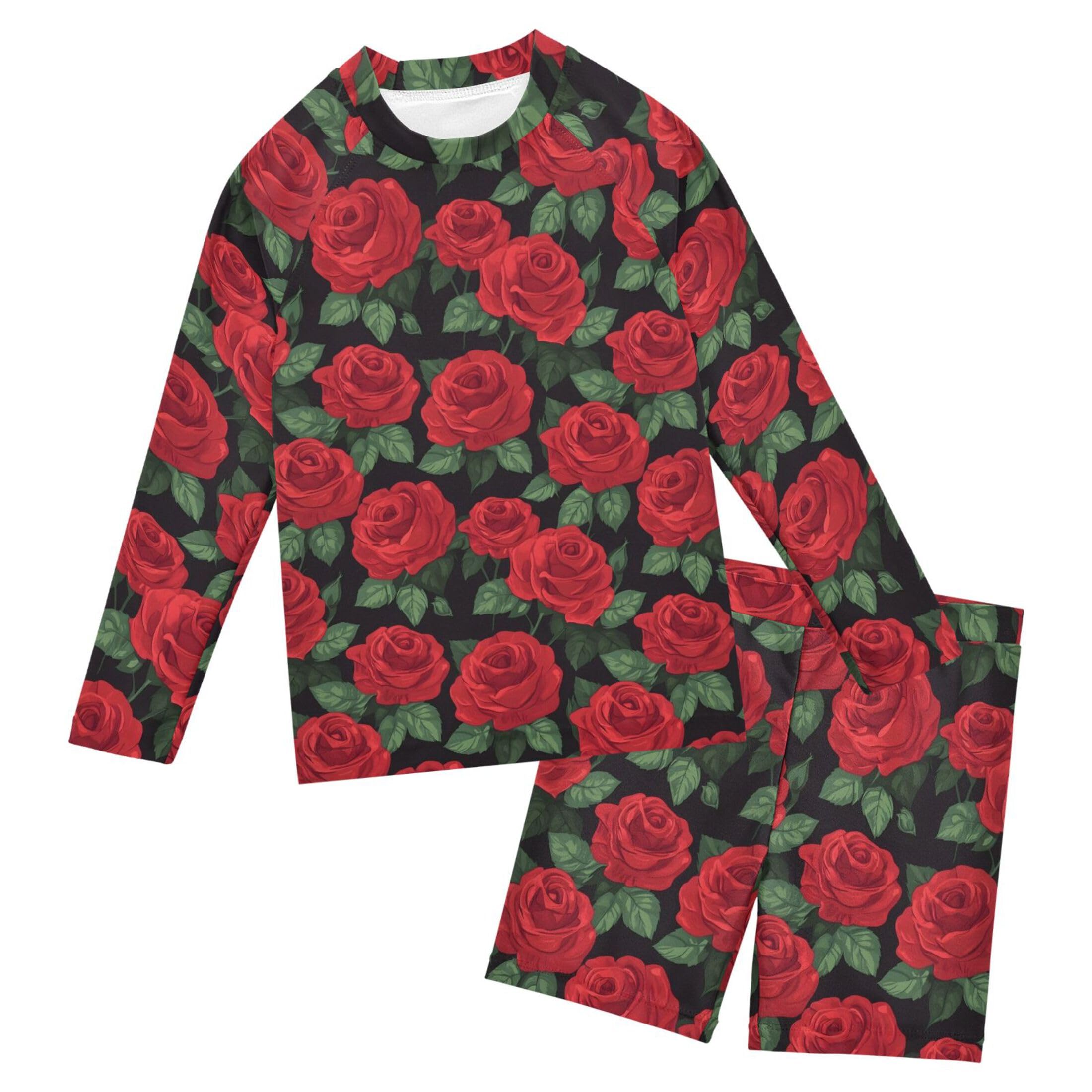 Red Rose Flowers Baby Boys' Toddler Long Sleeved Rashguard Swim Bathing Suit Set B0403667