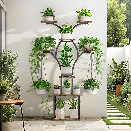 Miniatura 8 de Soporte para plantas Elbourn de interior con luces de crecimiento - Estante de metal de 152 cm de altura para múltiples plantas, soporte de esquina