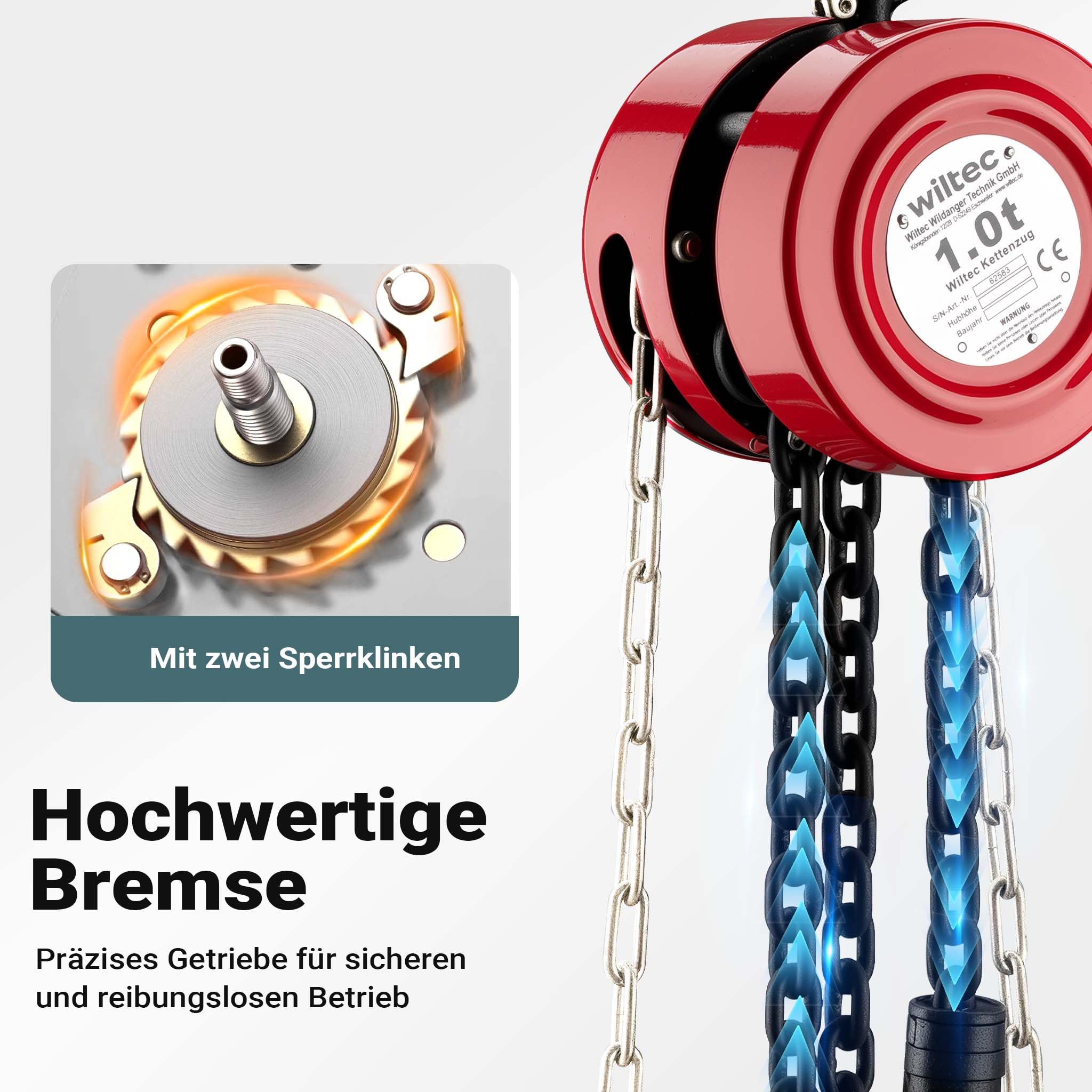 Wiltec Kettenzug mit 1000kg Traglast und 3 m Kettenlänge, einfaches Lastenheben, Flaschenzug, Seilzug, Handkran, Handseilwinde u.a. für Forst und Werkstatt