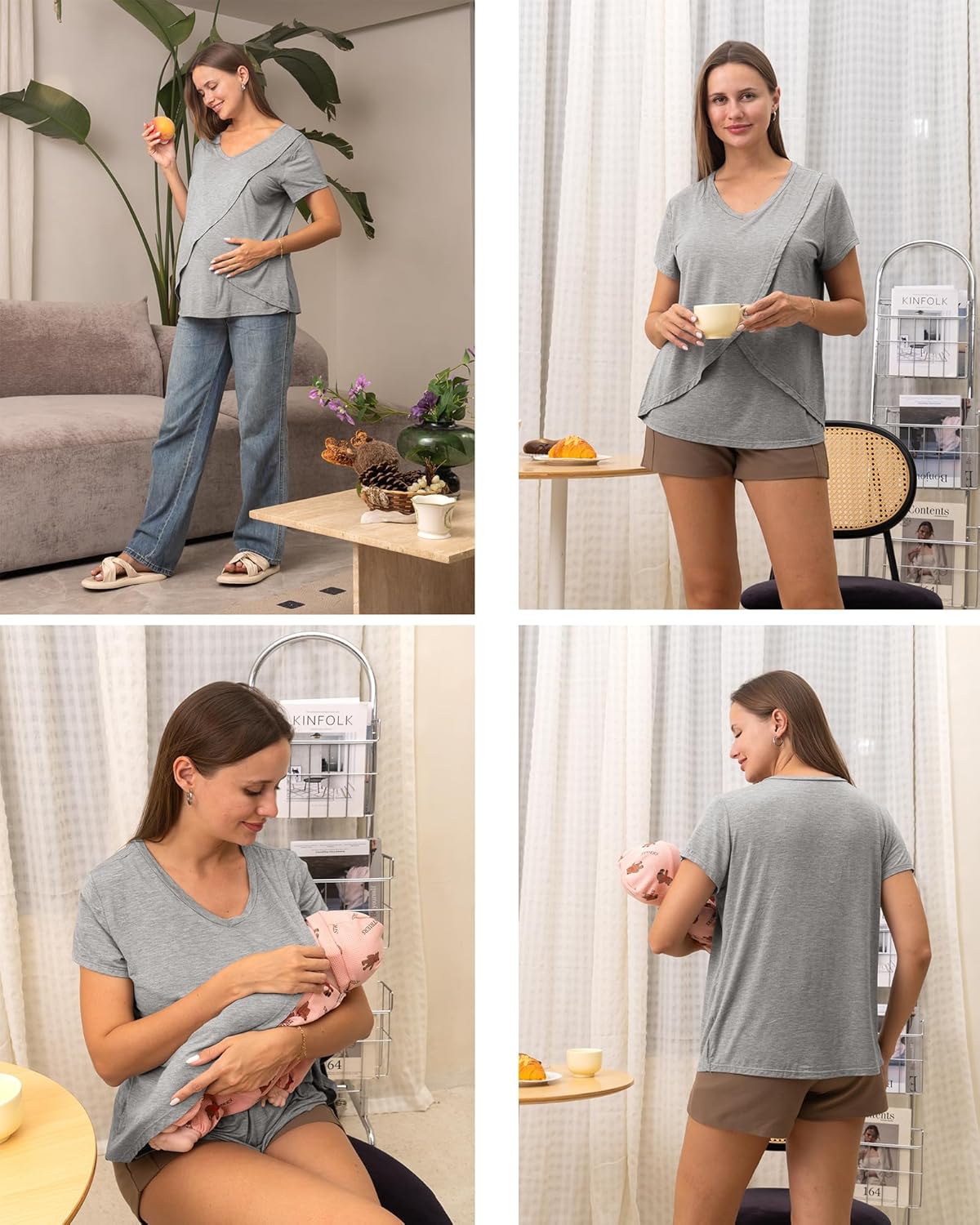 Rnxrbb V Neck Nursing Tops for Breastfeeding Tshirts Summer Postpartum Clothes Sets Short Sleeve 3 Pack Double Layer - Image 5