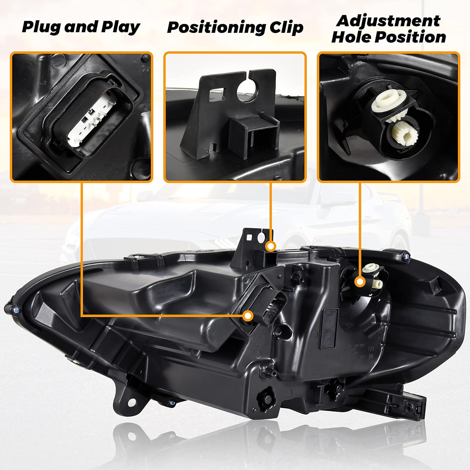 KEWISAUTO Headlight Assembly for Mustang 2018-2023, OEM Style Head Light w/DRL High Low Beam Reflector Replacement for Ford Mustang 2018-2023 (2PCS)