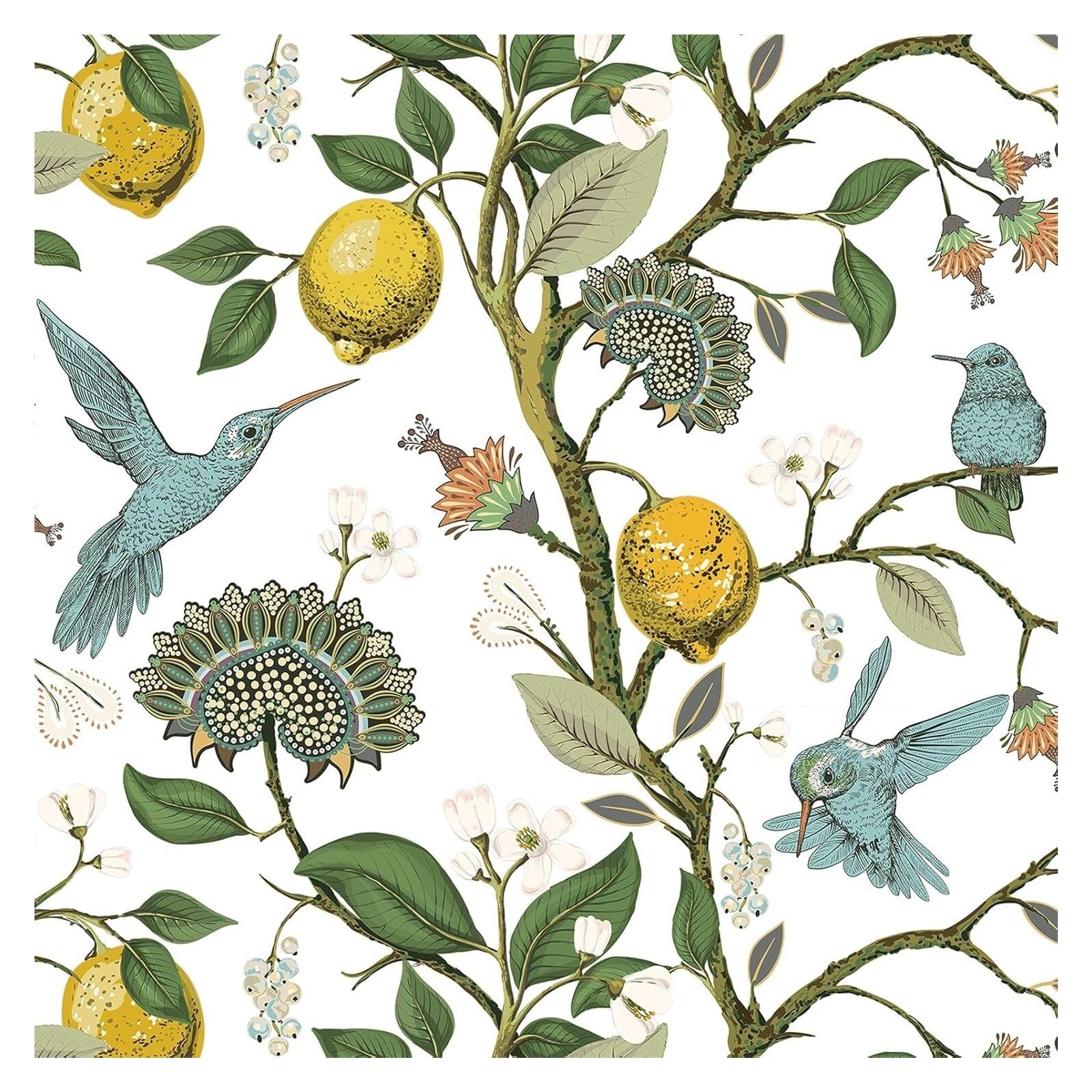 ITRHJTGP Wallpaper Yellow Lemon Peel and Stick Wallpaper Floral Hummingbird Self-Adhesive for Kitchen Drawer Surface Decor Waterproof(ColorA,2mx45cm(78.7x17.7in))