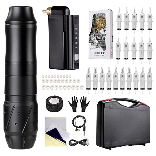HAWINK Máquina de tatuaje inalámbrica, kit de bolígrafo rotativo, 20 piezas de agujas de tatuaje, cartucho, cinta de agarre de tatuaje con maleta