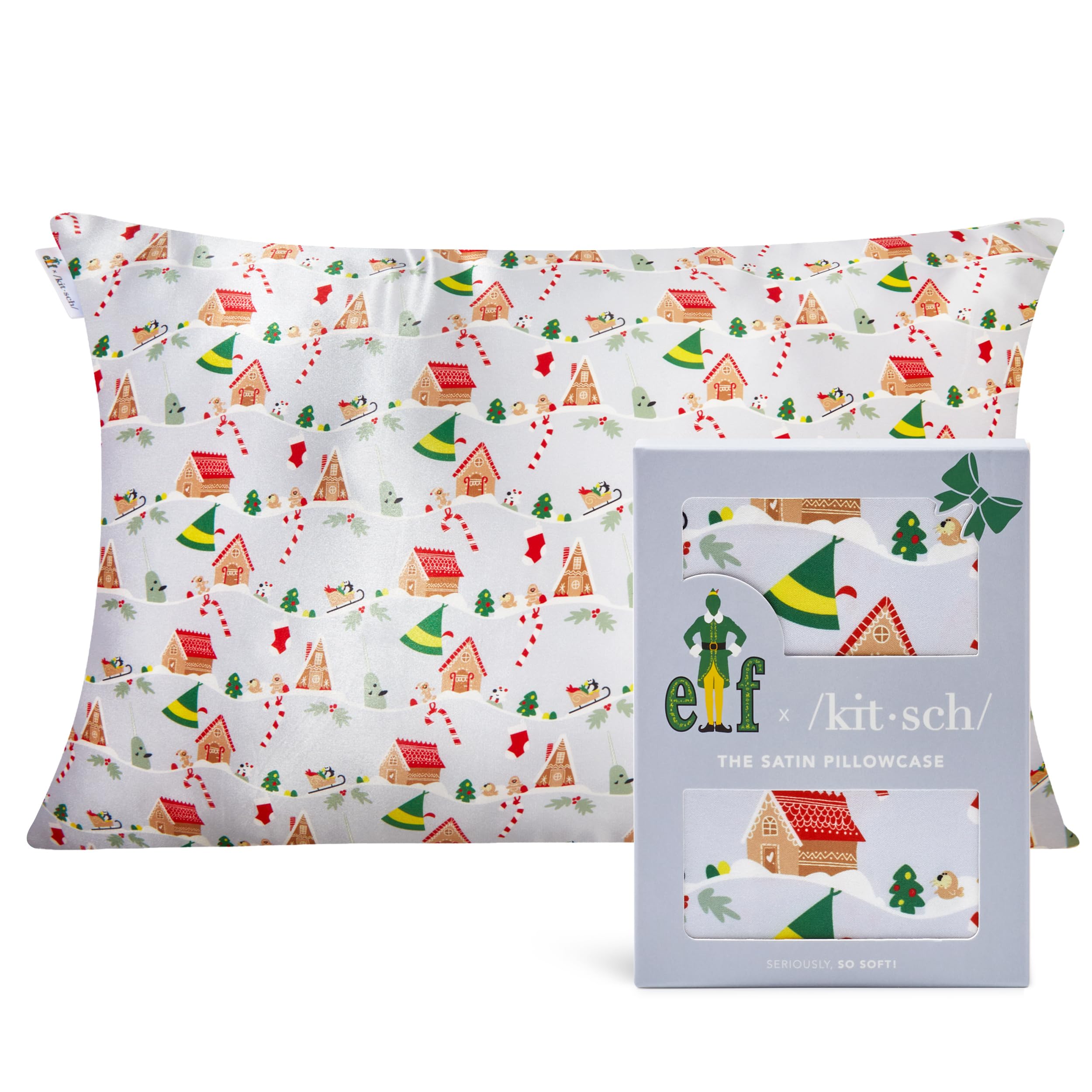 Elf x Kitsch Satin Pillowcase - Softer Than Silk Pillowcase for Hair & Skin | Cooling Satin Pillowcases with Zipper | Satin Pillow Case Cover | Pillow Cases Standard Queen (Periwinkle Christmas)