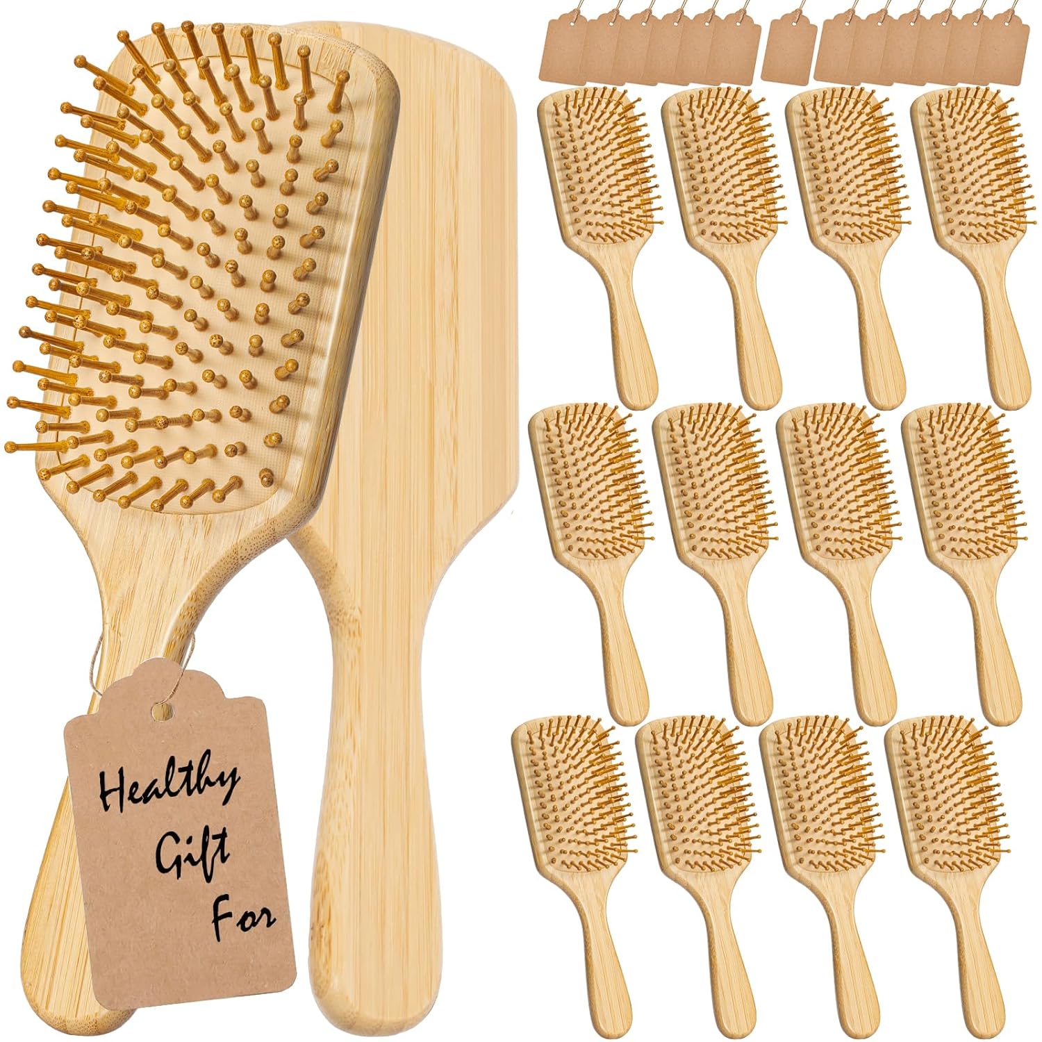 12 Pcs Bamboo Hair Brushes for Women, Bulk Natural Bamboo Bristles Paddle Brush for Scalp Massage, Engraving, Painting, DIY Custom Gifts for Wedding