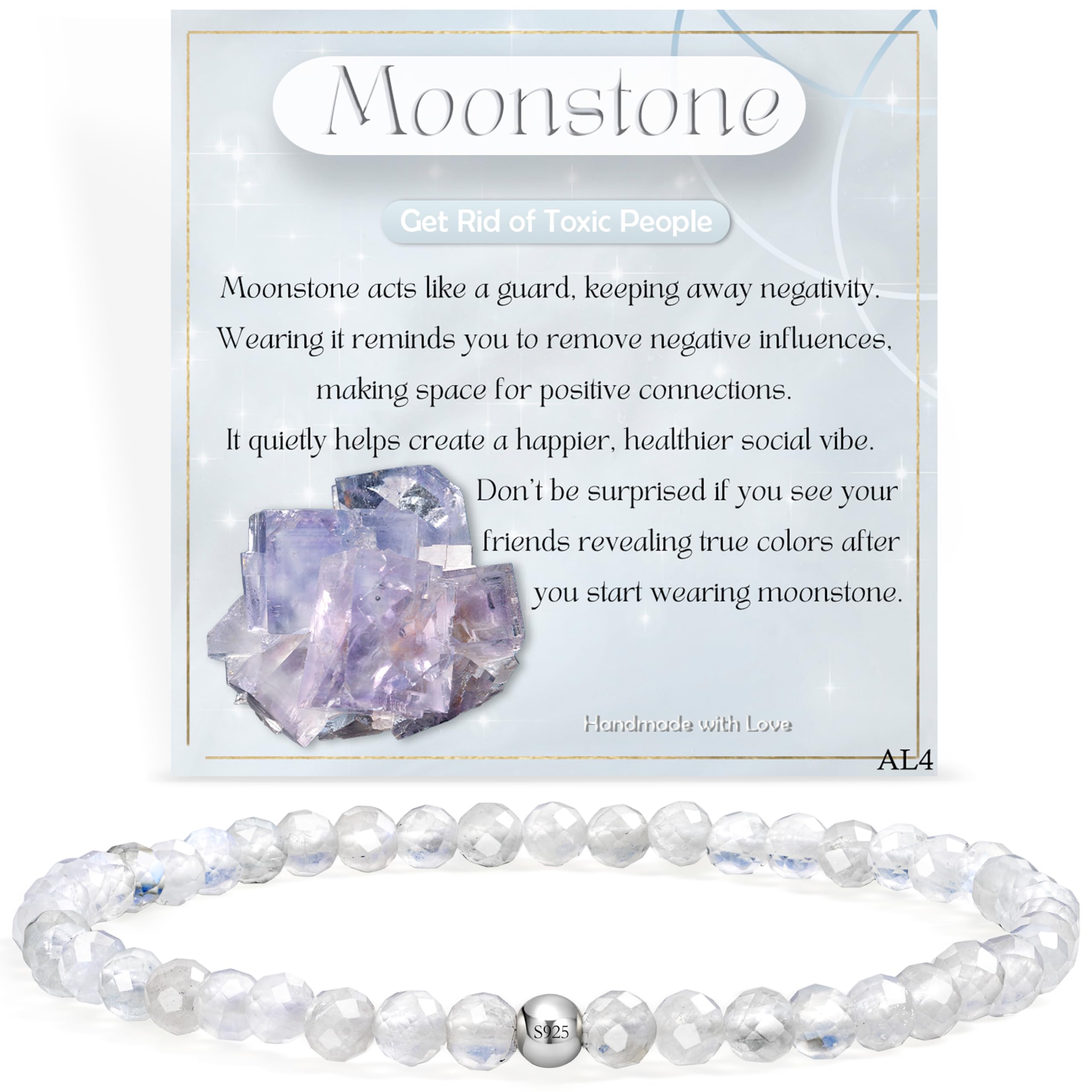 Farfume 4mm Edelstein Perlen Armband für Frauen, Kristall Silber 925 Naturstein Schmuck Elastisch Armbänder Damen, Chakra Spirituelle Charms Armbänder Valentinstag-Geschenke