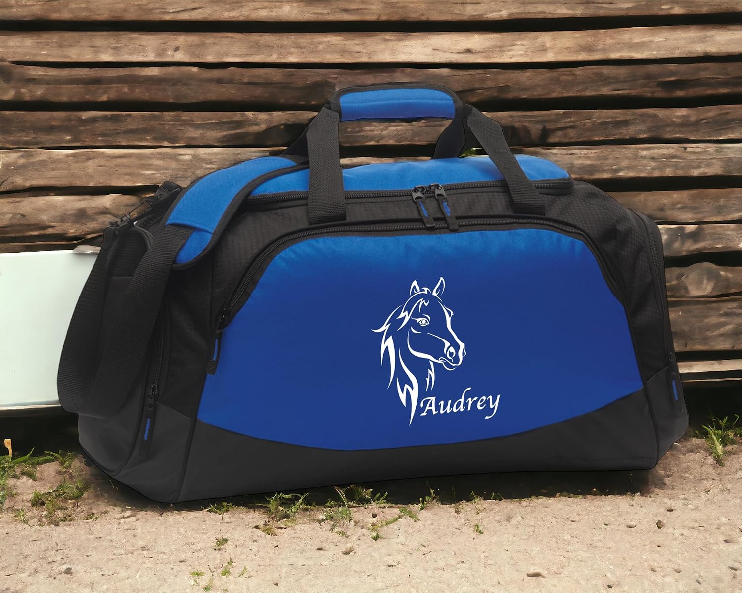 Custom Gym Duffle Bag with Shoe Compartment | Personalized Travel Duffle Bag for Men & Women | Large Sports Duffel Bag for Travel, Great for Storing Gear, Clothing, Equestrian Horse Bust Bag Blue