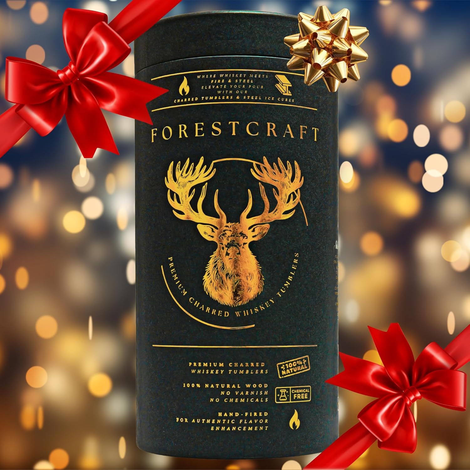 Charred Wooden Whiskey Glass Gift Set of 2 – Hand-Fired Jujube Charred Wooden Bourbon Drinking Glass with Stainless Steel Balls, Coasters, Ice Containers & Whiskey Book – No Varnish Premium Barware