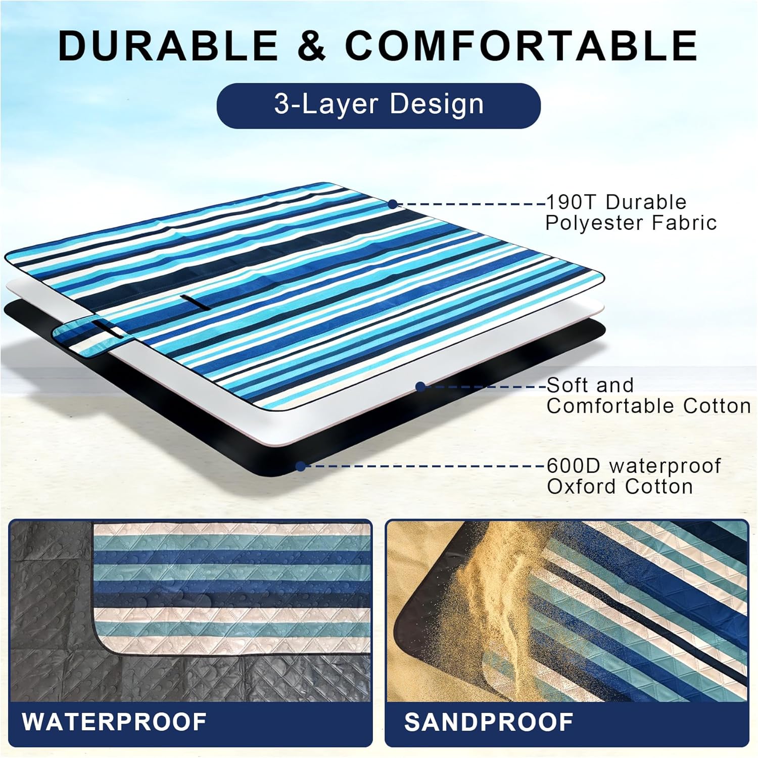 Beach Blankets Picnic Blanket - Extra Large 80''x80'' Waterproof Sandproof Picnic Blanket Mats for 2-4 Adults,Portable Foldable 3-Layer Outdoor Beach Mat for Camping Lawn Travel Beach