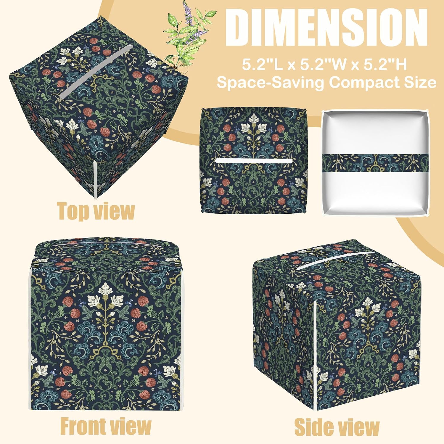 Garden Flowers Square Tissue Box Cover William Morris Art Tissue Box Holder Facial Cube Paper Dispenser Leather Decorative Organizer Home Office Desk Decor, 5.2"x5.2"x5.2" image 2
