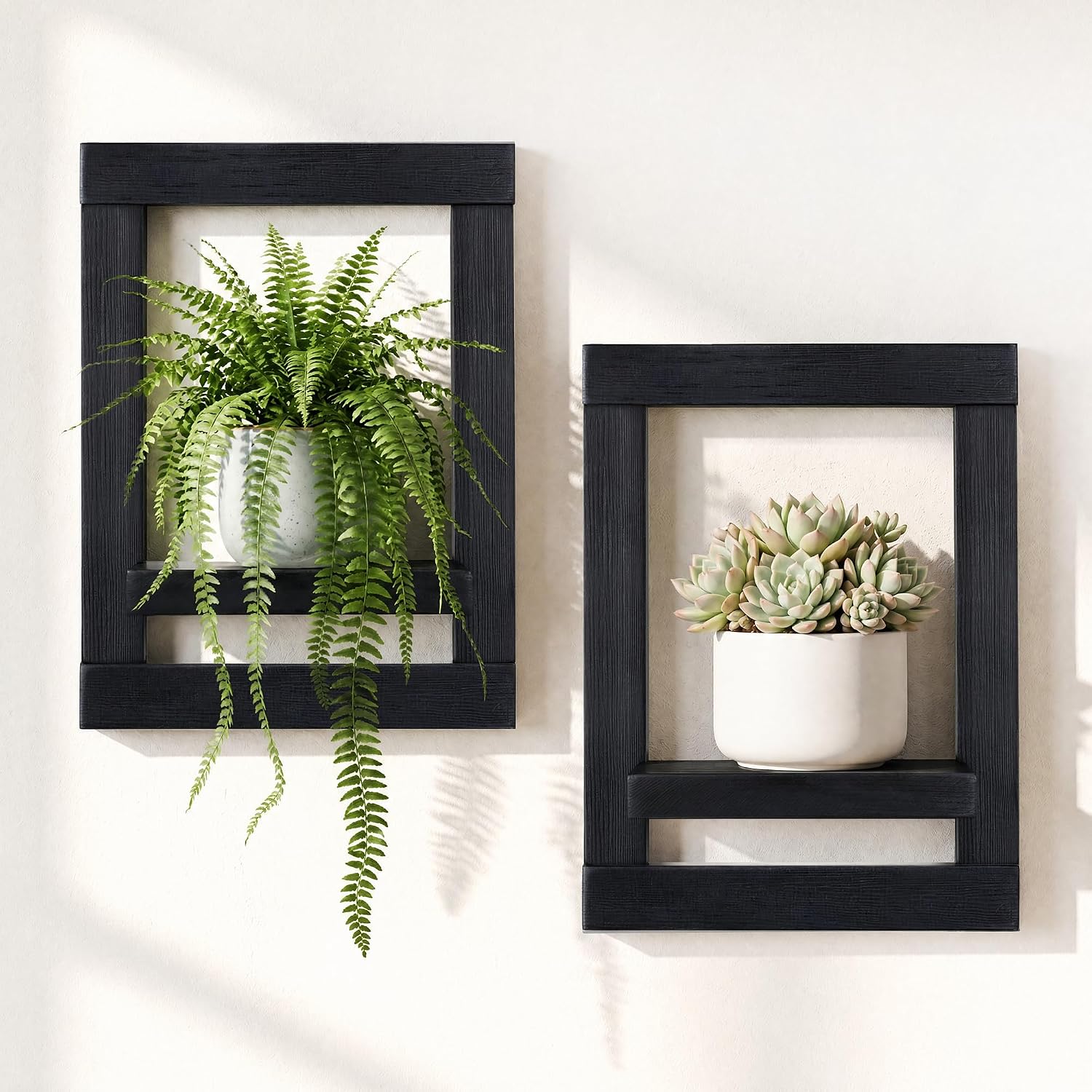 Black Frame Floating Shelves Set of 2 Solid Pine Plant Shelves , Modern Wall Decor, Wood Wall Shelf, Wall Planters for Indoor Plants Hanging Shelves for Bedroom, Kitchen, Office(Black, 15 Inches)