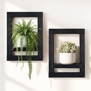 Black Frame Floating Shelves Set of 2 Solid Pine Plant Shelves , Modern Wall Decor, Wood Wall Shelf, Wall Planters for Indoor Plants Hanging Shelves for Bedroom, Kitchen, OfficeBlack, 15 Inches