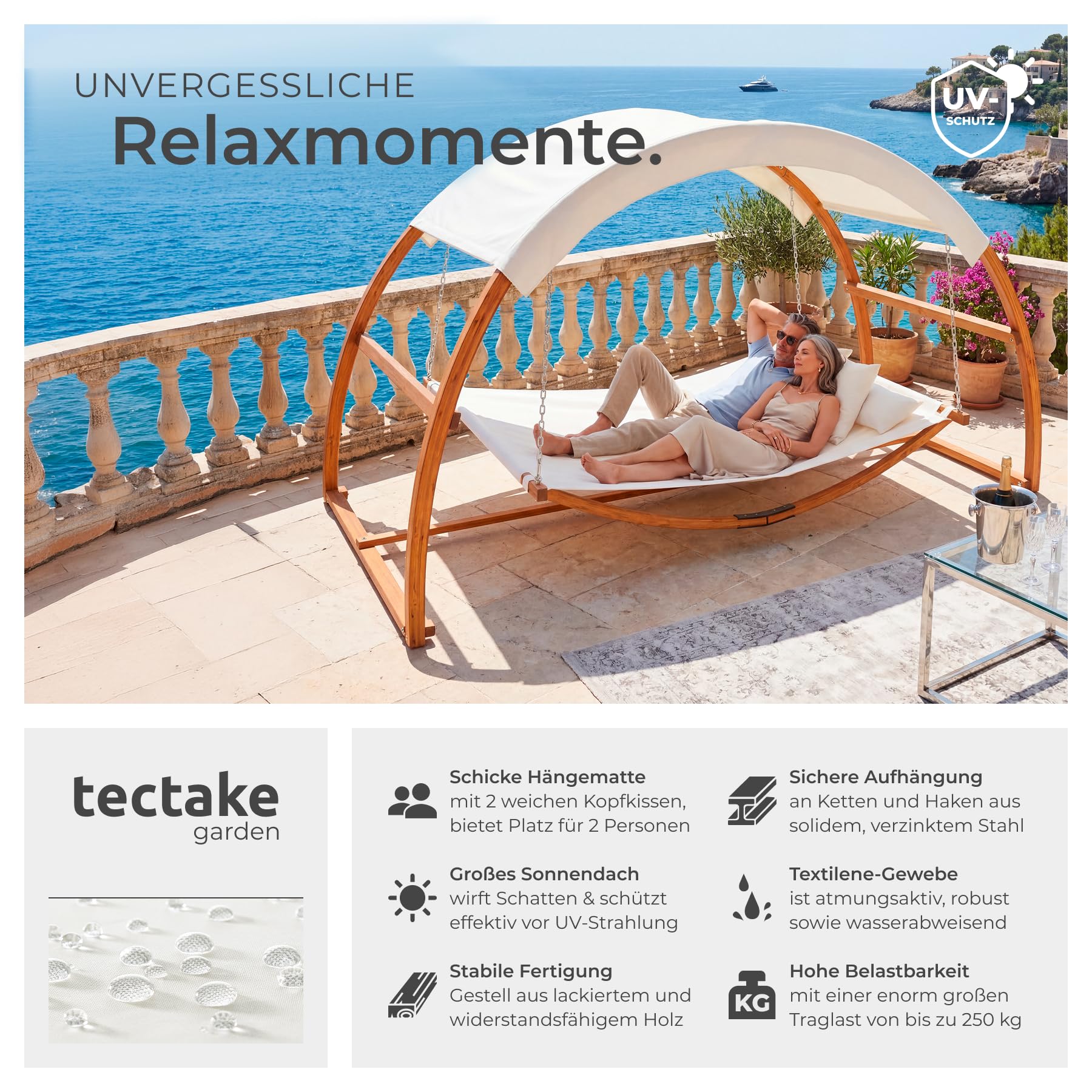 tectake® Doppel Hängematte mit Gestell, 328 x 160 x 172 cm, Hängematte mit Dach für 2 Personen, Belastbarkeit 250 kg, Doppel Sonnenliege, Sonnenliege Holz, Gartenliege Holz, wetterfest, inkl. 2 Kissen