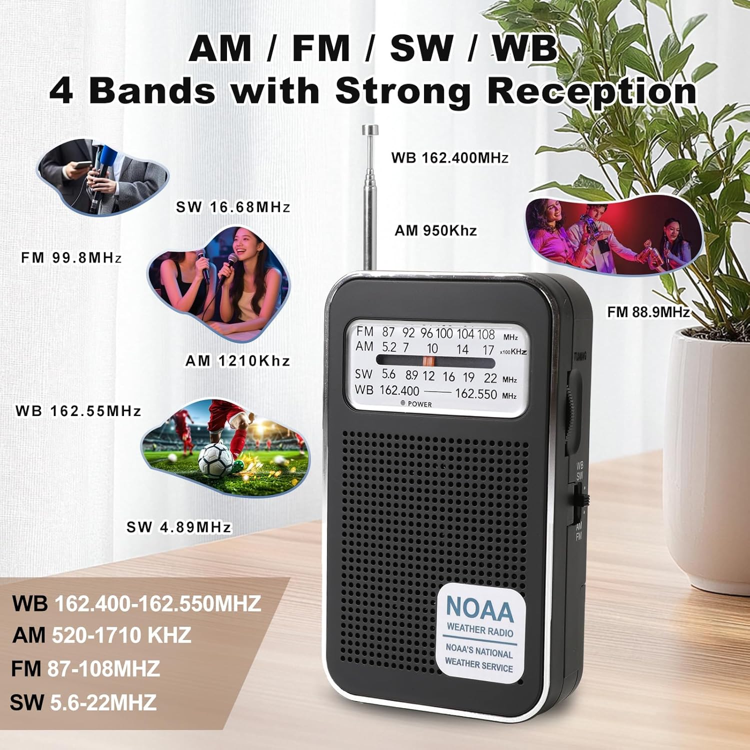 Portable NOAA Weather Radio, 4 Band Transistor Radio FM/AM/SW/WB Emergency, 33.5cm Long Antenna, Type-C Charging, 3.5mm Headphone Jack for Hurricane Preparedness, Camping & Daily Use