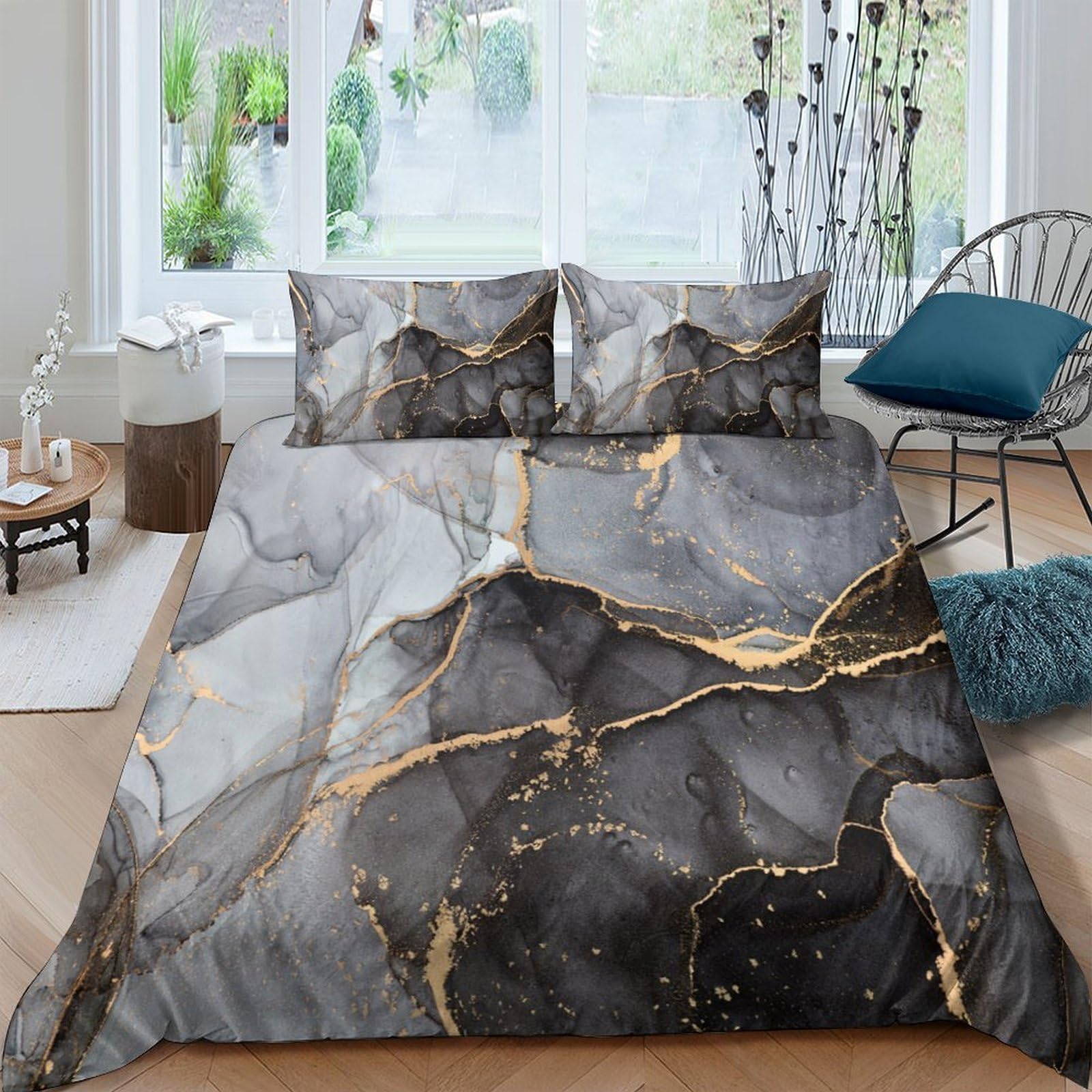 Ctjqhvkz Style-9 3D Printed Marble Gold Vein Fitted Sheet Microfiber Grey Black Abstract Mattress Cover Bedroom Dorm Decor Washable Single（135X200cm）