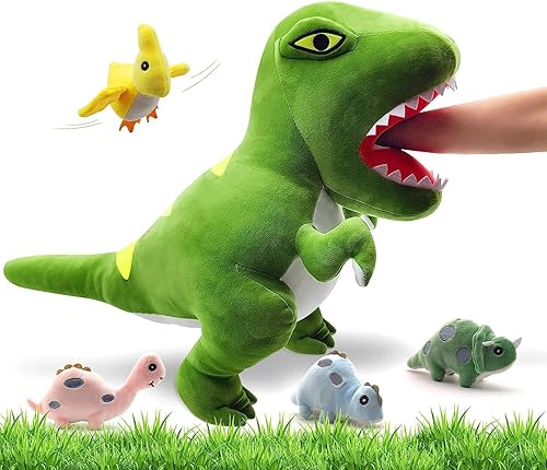 Animales de peluche para niños, juego de juguetes de peluche de dinosaurio suave con 4 lindos dinosaurios bebé en el interior, bolsa con cremallera,