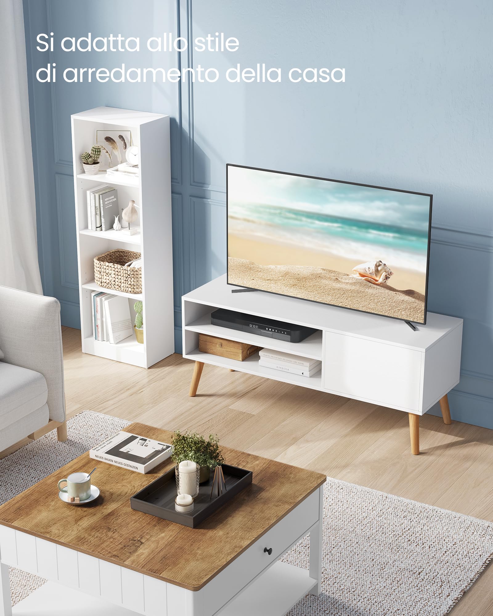 VASAGLE Mobile TV, Armadietto Stand TV, per TV fino a 55 Pollici, Porta TV Lungo 120 cm, Centro di Intrattenimento, Metà del Secolo Moderno per Soggiorno, Camera da Letto, Bianco LTV120T46