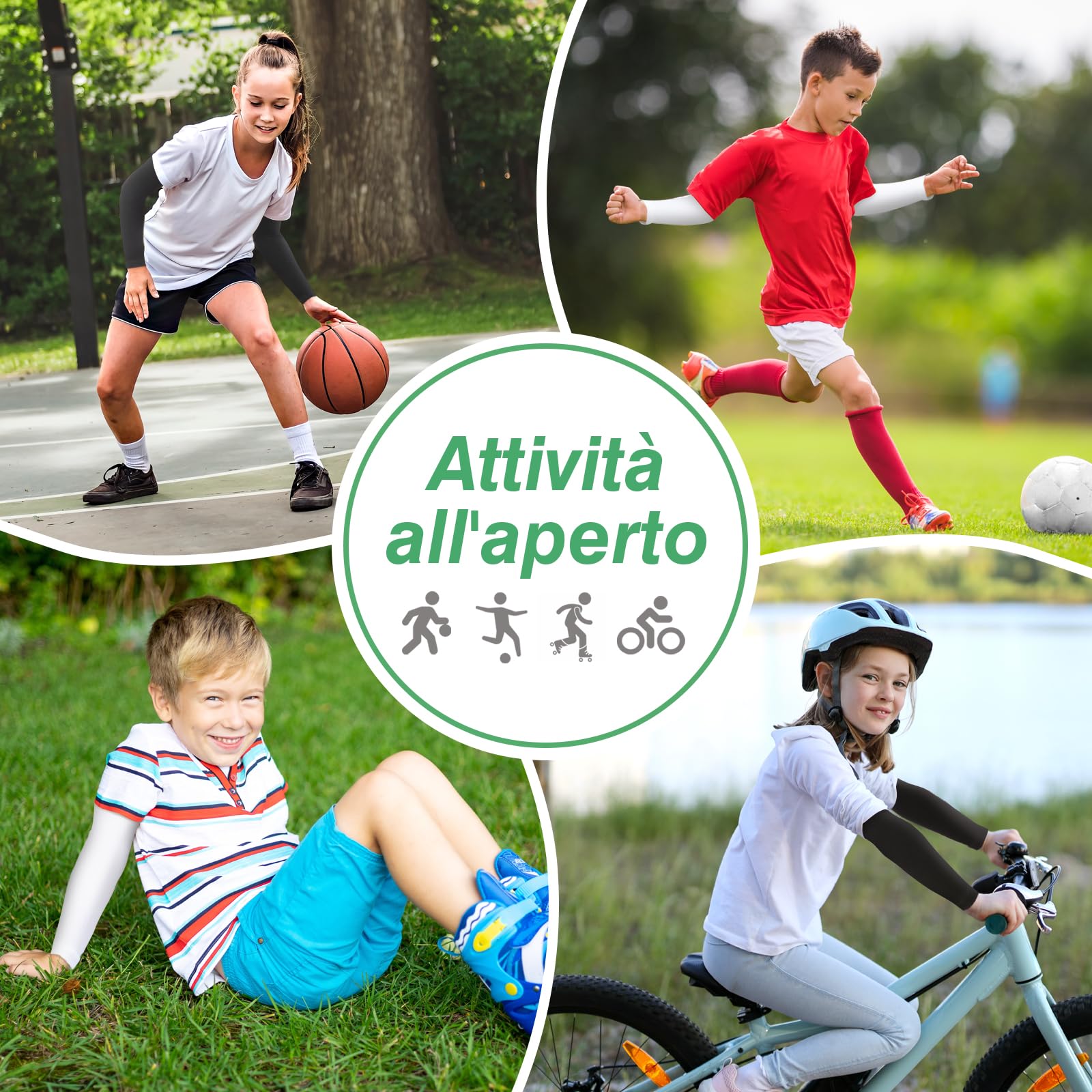 Newbyinn 4 paia di protezioni solari e protezione UV per bambini per pallavolo, calcio, esercizio all'aperto, maniche per ragazzi e ragazze, bianco e nero