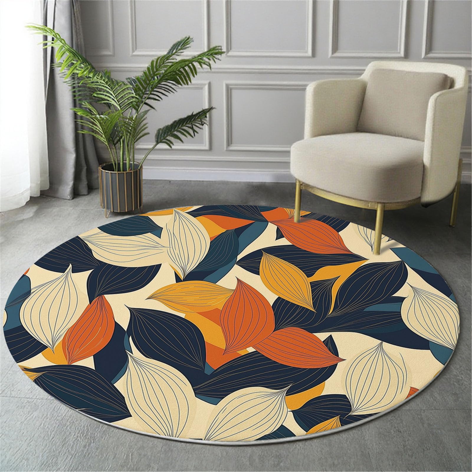 Teppich Rund 120cm, Maisblätter Geometrie Bedrucktes Design, Weich und Flauschig Retro-Botanischer Stil Küchenteppich, rutschfest Waschbar Senfgelb Teppich für Kinderzimmer Wohnzimmer Schlafzimmer