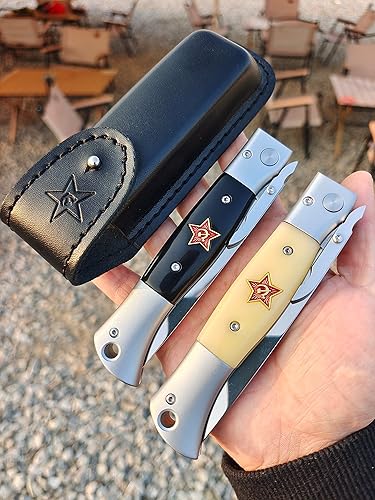 Miniatura 5 de Russian Finka-NKVD KGB - Cuchillo de bolsillo plegable, hoja de acero pulido de espejo de 3.74 pulgadas, mango de resina con incrustaciones de