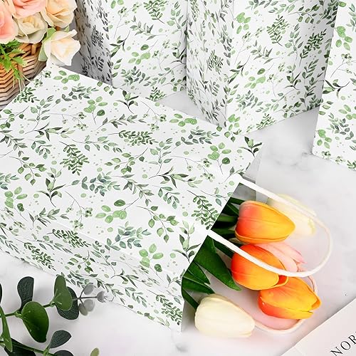 Miniatura 3 de Paquete de 16 bolsas de regalo de papel de hojas verdes con asas, bolsas de regalo de acuarela para baby shower, despedida de soltera, boda,
