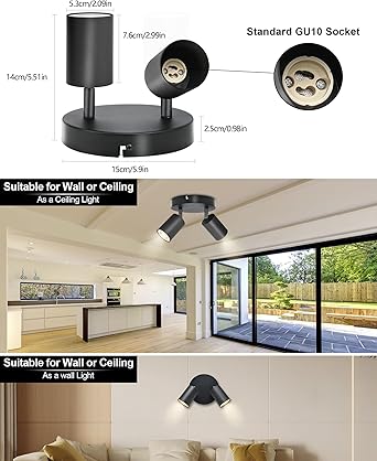 BOYIR Plafondlamp, led, zwart, 2 spots, moderne plafondverlichting, 350 graden draaibaar, GU10, voor keuken, slaapkamer, zonder lampen photo 3