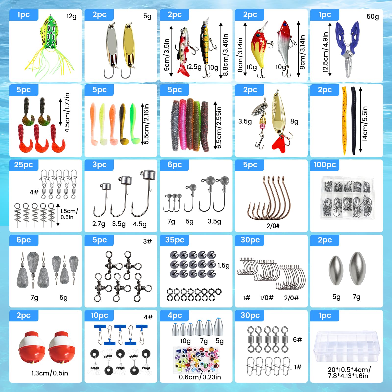 Juego de accesorios de pesca de 332 piezas, maletín con 2 estantes, con cebos, pesos de plomo, ganchos, pinzas para pesca, equipo de pesca en agua dulce y salada, regalo para pescador — view 6