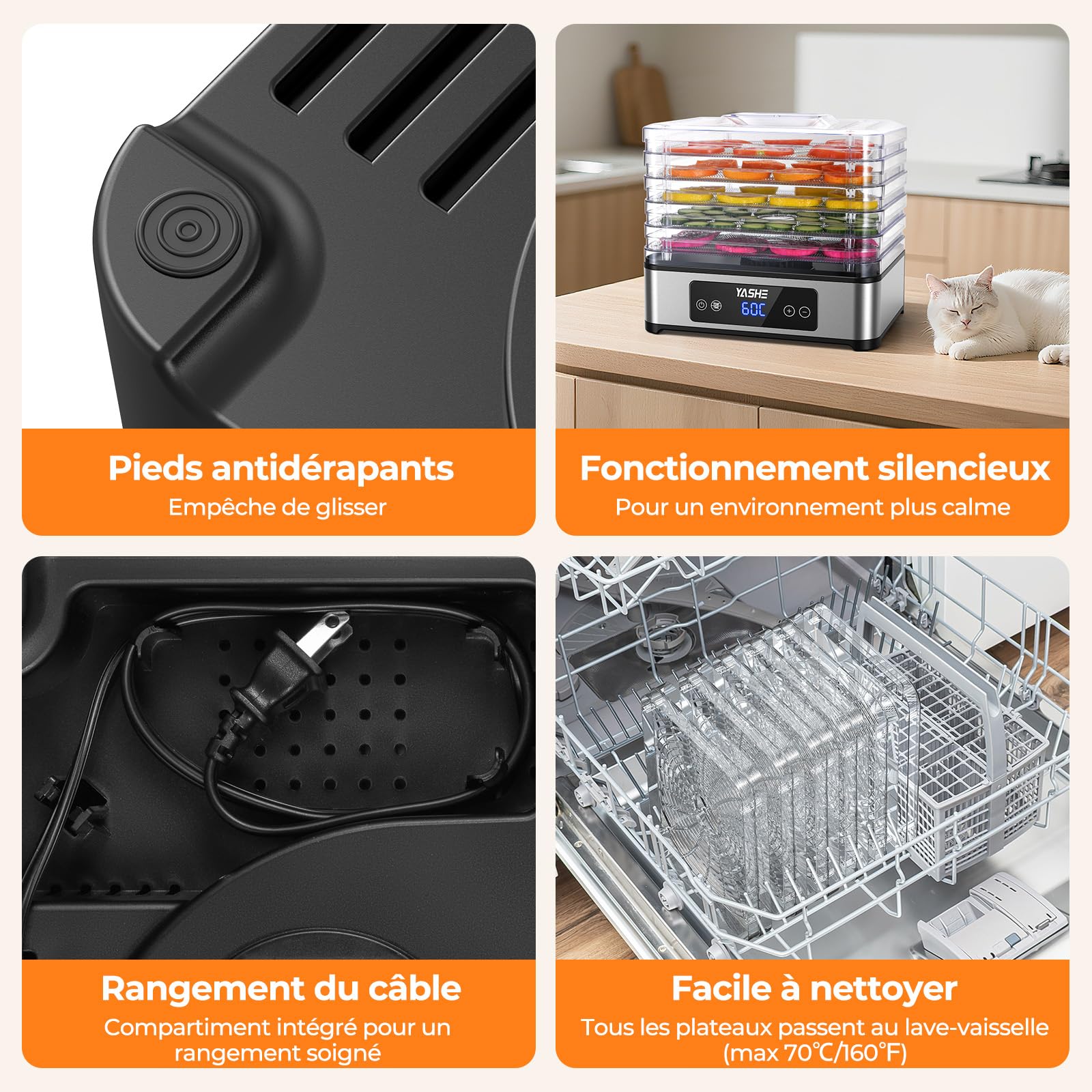 YASHE Déshydrateur Alimentaire, 5 Plateaux En Acier Inoxydable, Minuterie Et Température Réglables, Flux D'Air À 360°, Sans BPA, Déshydrateur 400W Pour Jerky, Fruits, Herbes, Friandises Pour Chiens