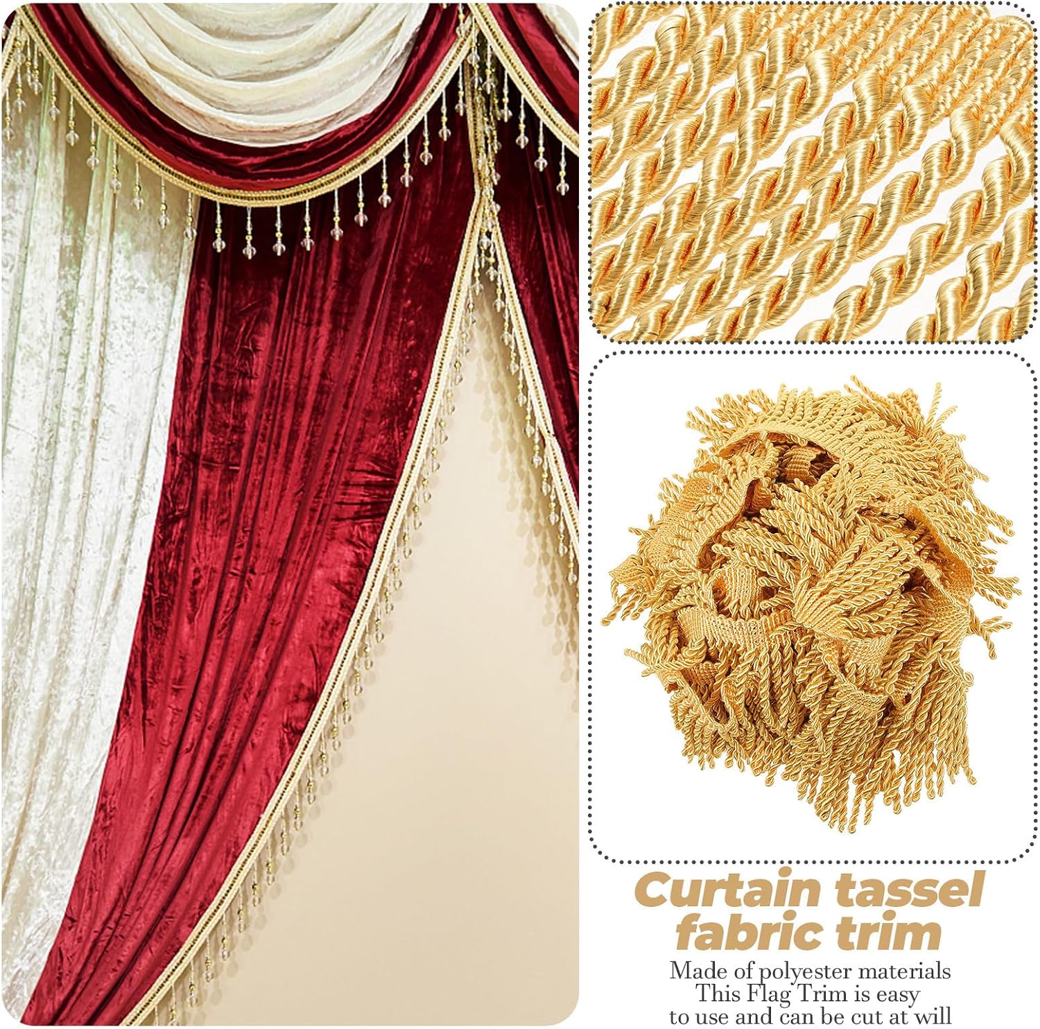 Gold Polyester Fringe Trim Tassel Sewing Accessory for Curtain