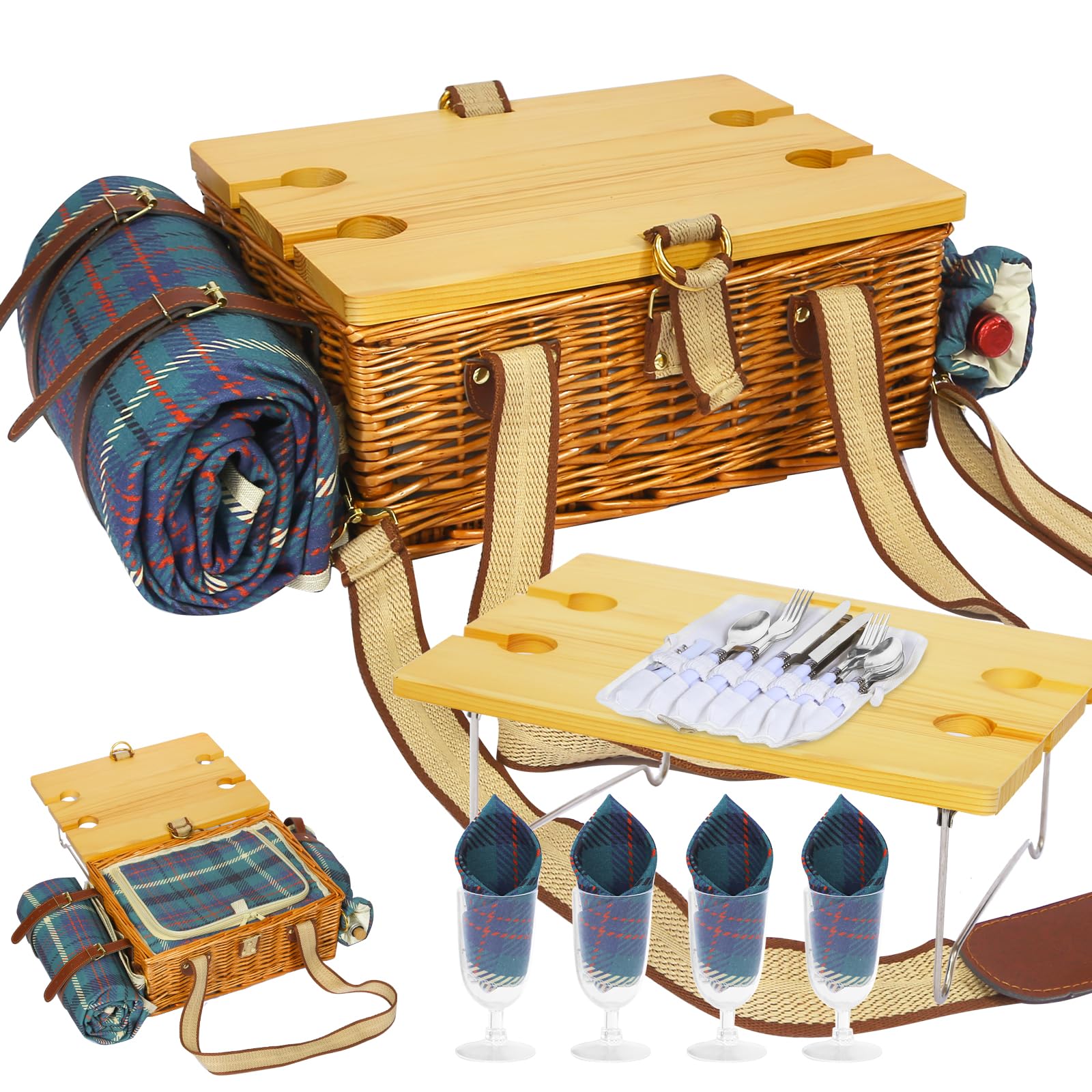 Set de cesta de picnic con mesa plegable y juego de cubiertos, cesta de picnic para 4 personas con bolsas de hielo, cesta de mimbre con asa, cesta de mimbre set de regalo para picnic, camping