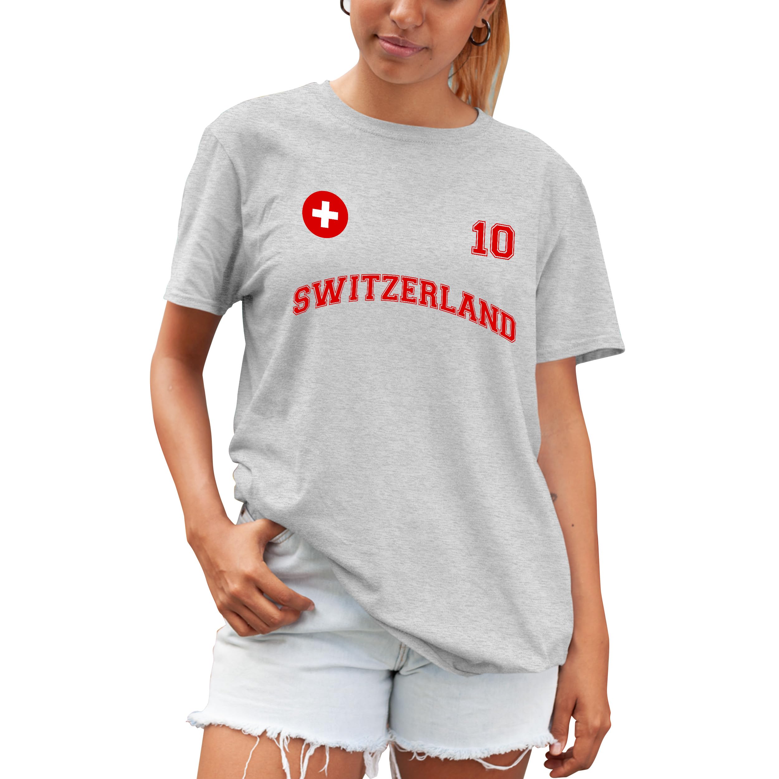 Switzerland T Shirt for Women - Custom Swiss City Name Number Badge Tshirt - Unisex Football Fan Tee, XL, Sport Grey