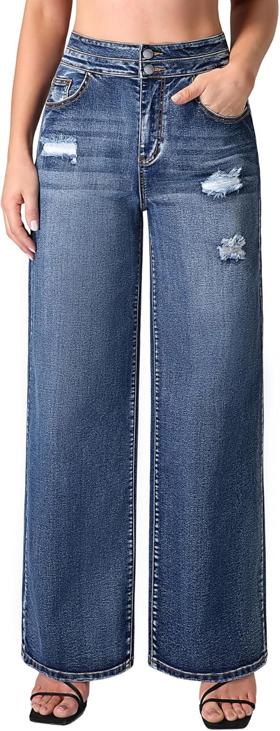 roswear Stretchy Loose Jeans for Women Wide Leg High Waisted Baggy Denim Distressed Pants