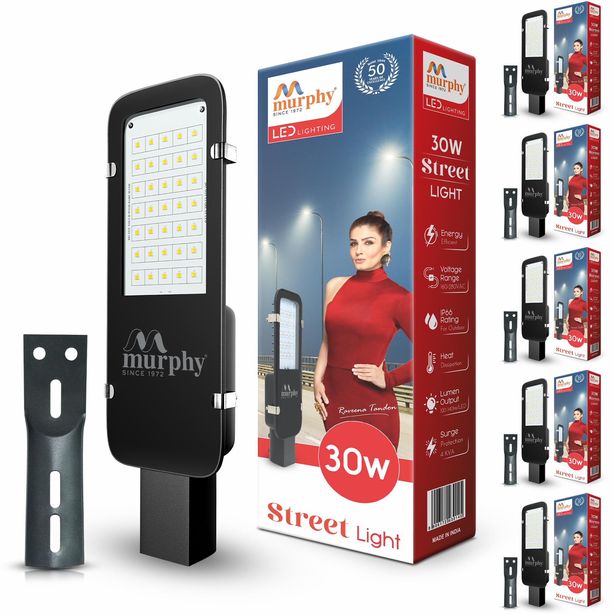 Murphy LED 30W IP-65 BIS Approved Waterproof Outdoor Street Light, Cool White, Pack of 6, Aluminium, Corded Electric