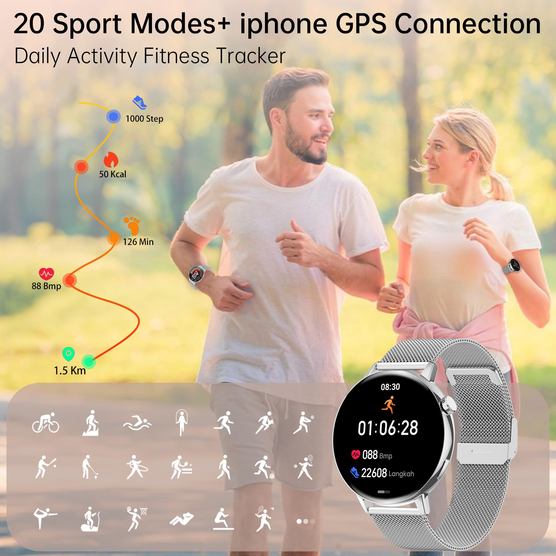 Reloj Inteligente Digital Mujer Hombre Redondo, 1,32" Smartwatch Llamada, 20 Modos Deportivos Fitness Pulsera Actividad con Sueño/Pulsómetro, Podómetro/Cronómetro Smart Watch para iOS Android