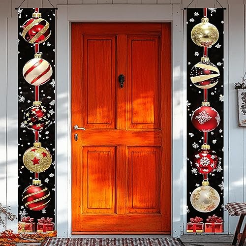 Miniatura 3 de Pancartas navideñas para porche de 71 x 12 pulgadas, pancarta colgante de bola roja y dorada, decoración de fondo de copo de nieve negro, letreros