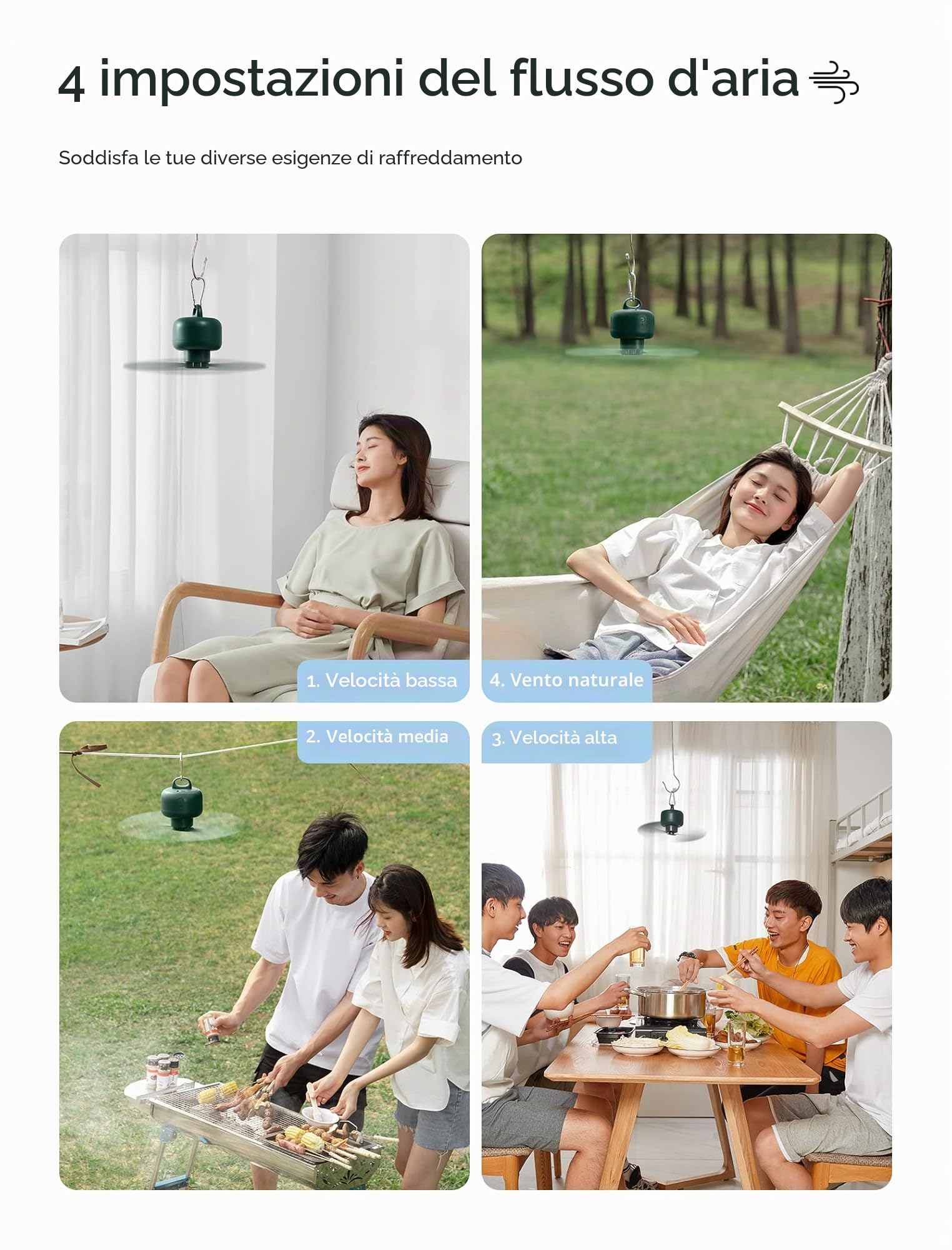 JISULIFE Ventilatore da campeggio 8000mAh Funzionamento a batteria, ricaricabile tramite USB con telecomando, pale della ventola rimovibili, gancio per appendere, timer, 4 velocità per esterno-verde